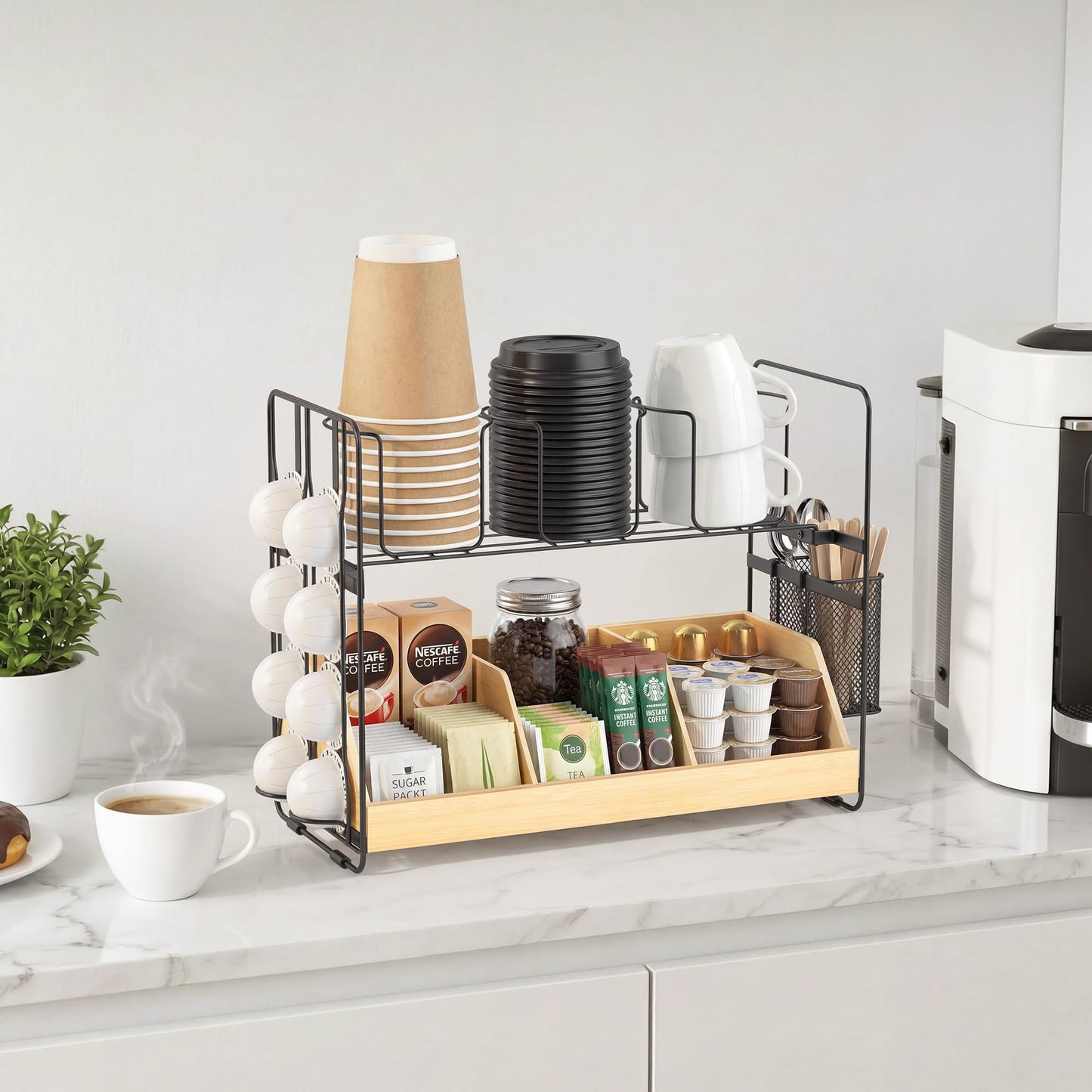 CACHOLIV Coffee Station Organizer for Countertop - Bamboo Bar Organizer Rack for Nespresso Pod & K Cup - Coffee Pods Holder Storage Basket - Cup and Condiment Station for Kitchen Office Home (Black)