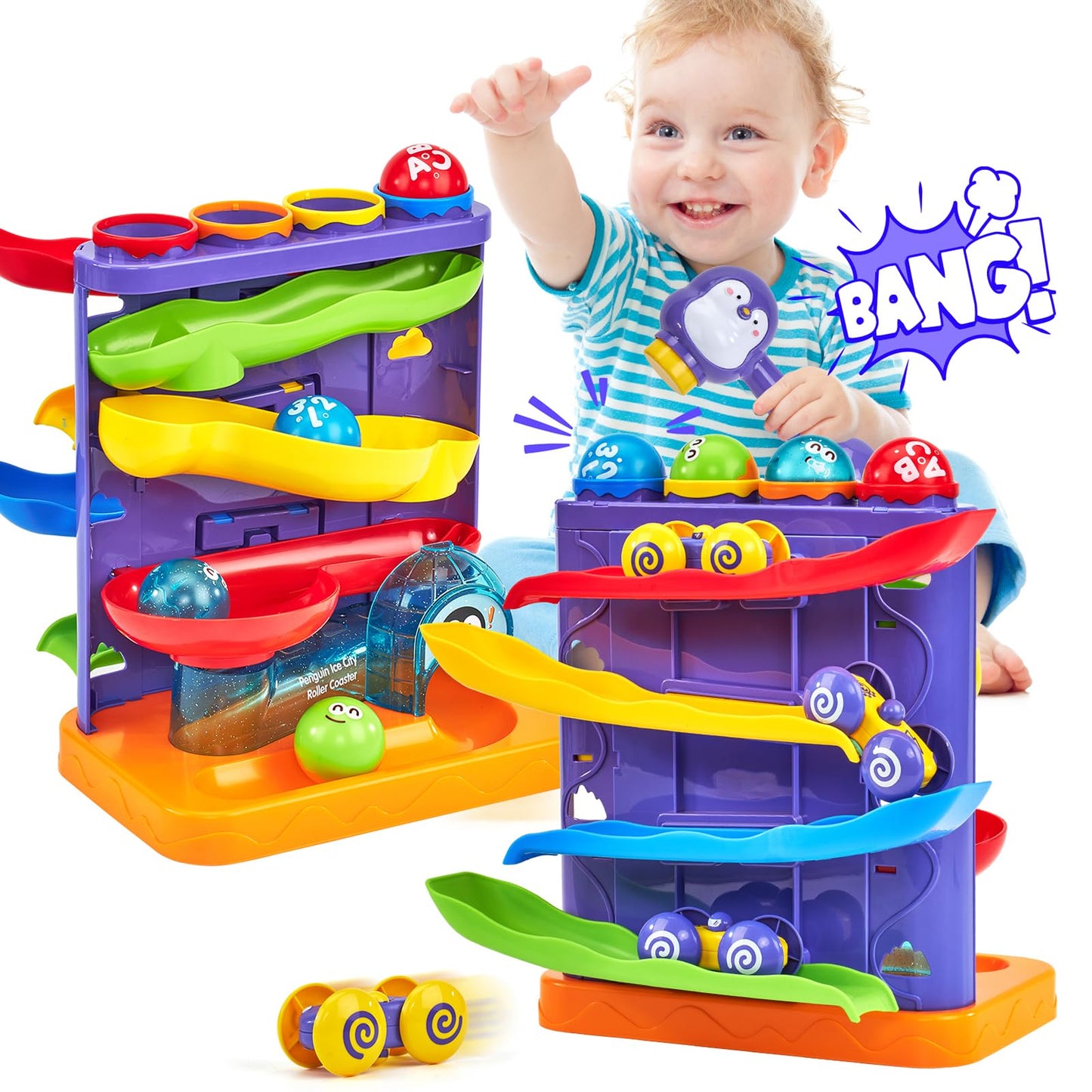 hahaland Ball Drop Toys for 1 Year Old, 2 in 1 Pound a Ball & Car Ramp Montessori Toys for 1 Year Old, Cause and Effect Toys with 4 Balls, 4 Cars & Squeaky Hammer, Toddler Birthday Gift 12M+