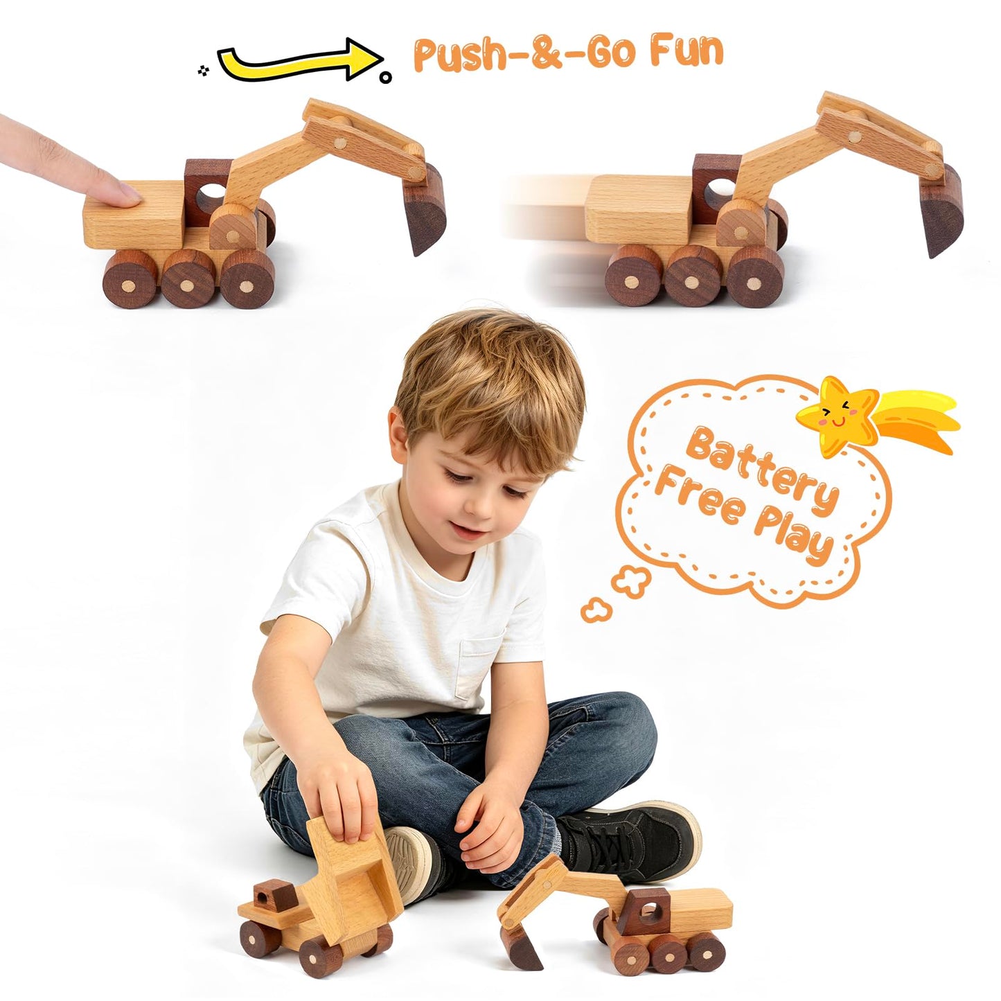 kienvy Wooden Toy Cars for 3 Year Old Boys & Girls - Construction Vehicles Set Push Toys for Toddlers, Wood Montessori Car with Rolling Wheels, Natural Wood Toys (Excavator & Dump Truck)