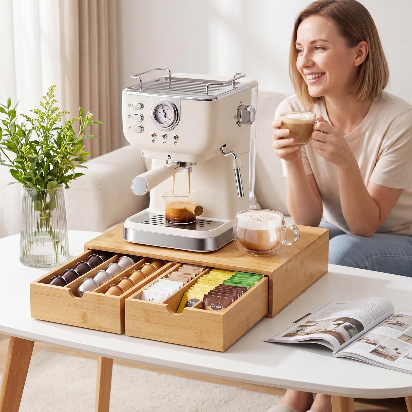 RRX Bamboo Coffee Pod Holder Drawer,15.35''Lx11.22''Wx3.35''H (Beige, 30)