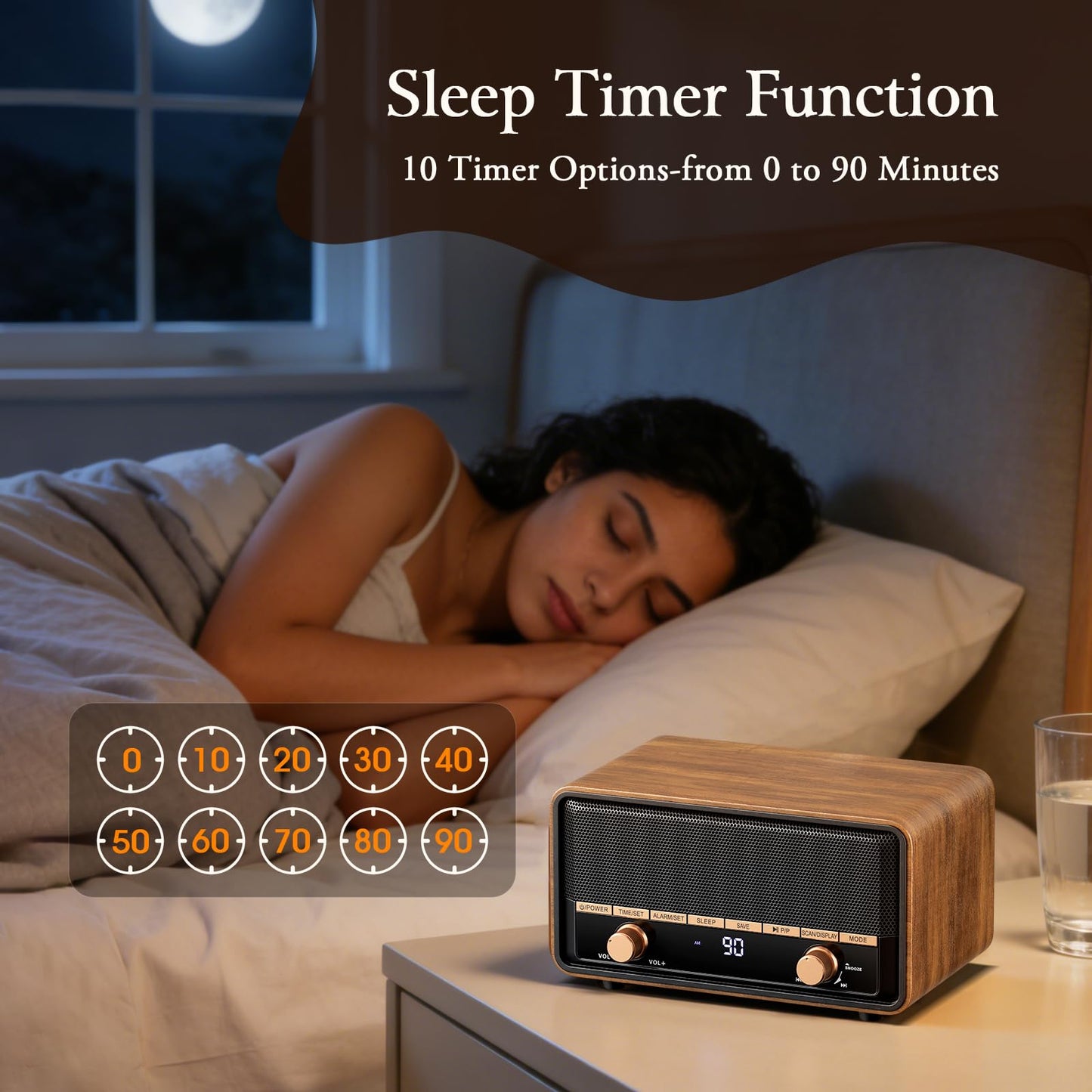 Audiocrazy Vintage Wooden AM FM Radio with Bluetooth, Digital Clock Radio for Bedroom with 80 Station Presets, Tap to Snooze, Sleep Timer, Clear LCD Display for Home Office (Deep Walnut)