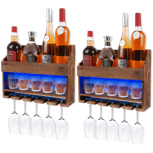 TIRYIUOU 2 Pack Wooden Wine Rack Wall Mounted with LED Light, Wall Wine Rack, Bar Liquor Shelf, Wine Glass Holder Wall Mounted, Floating Bar Shelves for Kitchen, Dining Room, Home Bar