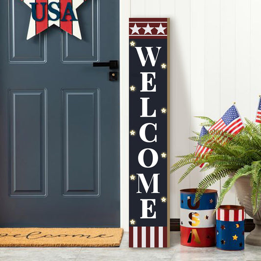 Lighted Independence Day Porch Sign for Front Porch Standing, Welcome Wooden Sign for 4th of July Party Decor Front Door Decoration Farmhouse Patriotic Hanging Wall Sign for Memorial Day Party Decor 47.2 IN