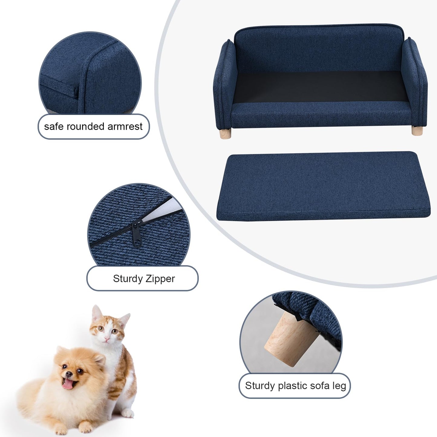 Big Sized Dog Bed -Wooden Frame Pet Sofa Couch, Washable Cushion Cat Couch, Linen Fabric Dog Sofa and Chair for Medium Pet Rest. (Blue)