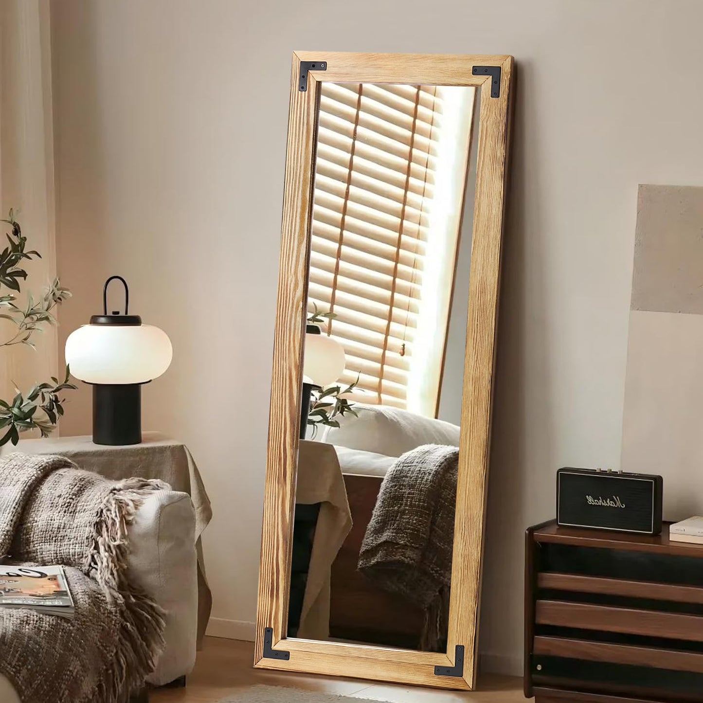YNCLCS 55"x22" Full Length Mirror with Wooden Frame，Natural Wooden Standing Mirror, Solid Wood Frame, Hanging or Leaning Wall-Mounted, Suit for Farmhouse, Living Room, Bedroom (Light Brown)