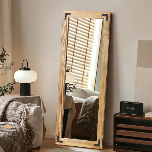 YNCLCS 55"x22" Full Length Mirror with Wooden Frame，Natural Wooden Standing Mirror, Solid Wood Frame, Hanging or Leaning Wall-Mounted, Suit for Farmhouse, Living Room, Bedroom (Light Brown)