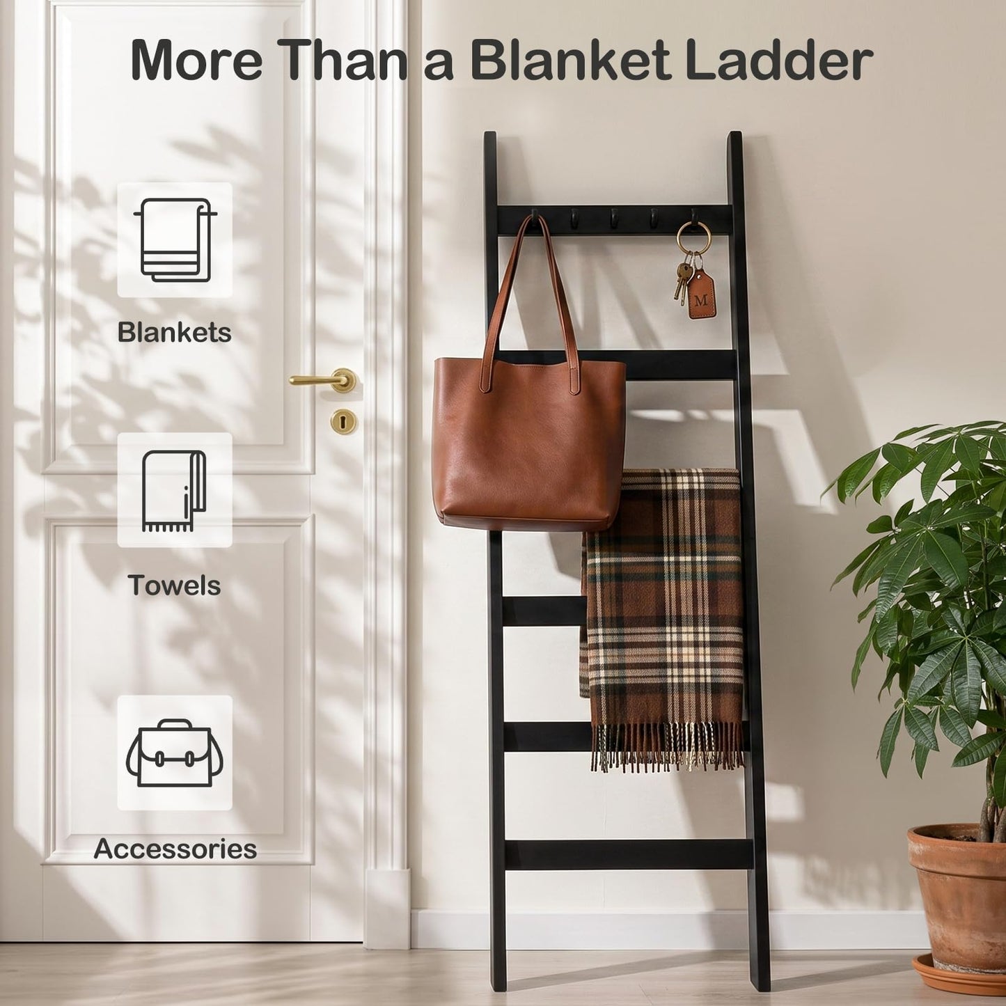 TEAKMAMA 6-Tier Blanket Ladder for Living Room and Bedroom,5.4 Ft Wall Leaning Quilt Rack with Hooks,Rustic Decorative Farmhouse Blanket Storage,Stylish Ladder Holder,Christmas Decorations,Black