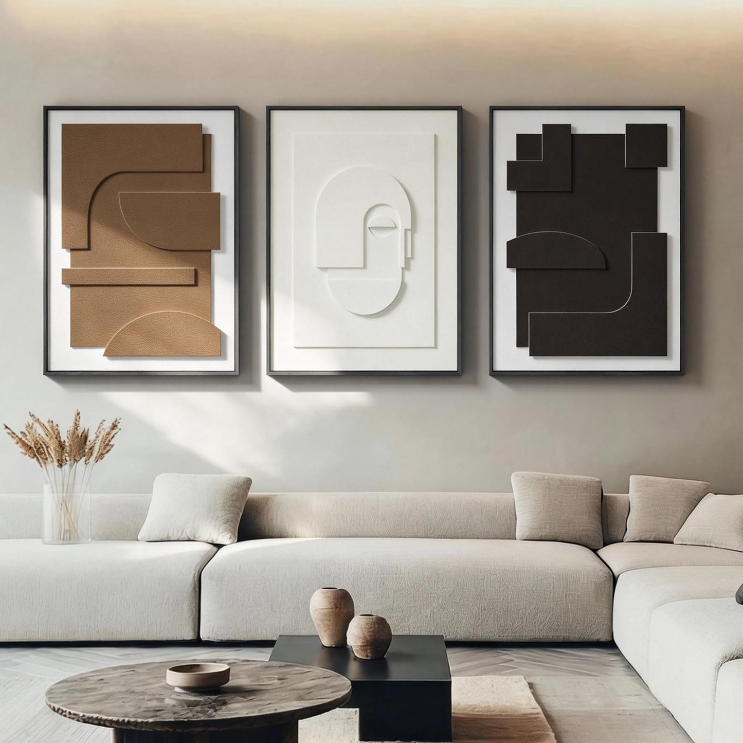 Vaskuro Extra Large Wooden Framed Sandstone Textured Wall Art, 3D Geometric Minimalist Abstract Neutral Decor, Black White Brown, Living Dining Room Office,3pcs,32x24in