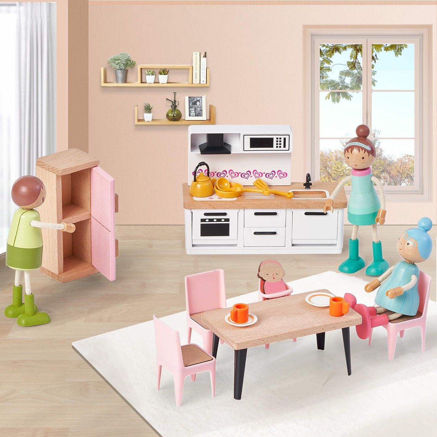 Giant bean 36pcs Wooden Dollhouse Furniture Set with Dolls for 5 Rooms, Wood & Plastic Pink Dollhouse Accessories Pretend Play Furniture Toy Christmas Birthday Gift Toy for Kids Boys Girls Toddler 3+