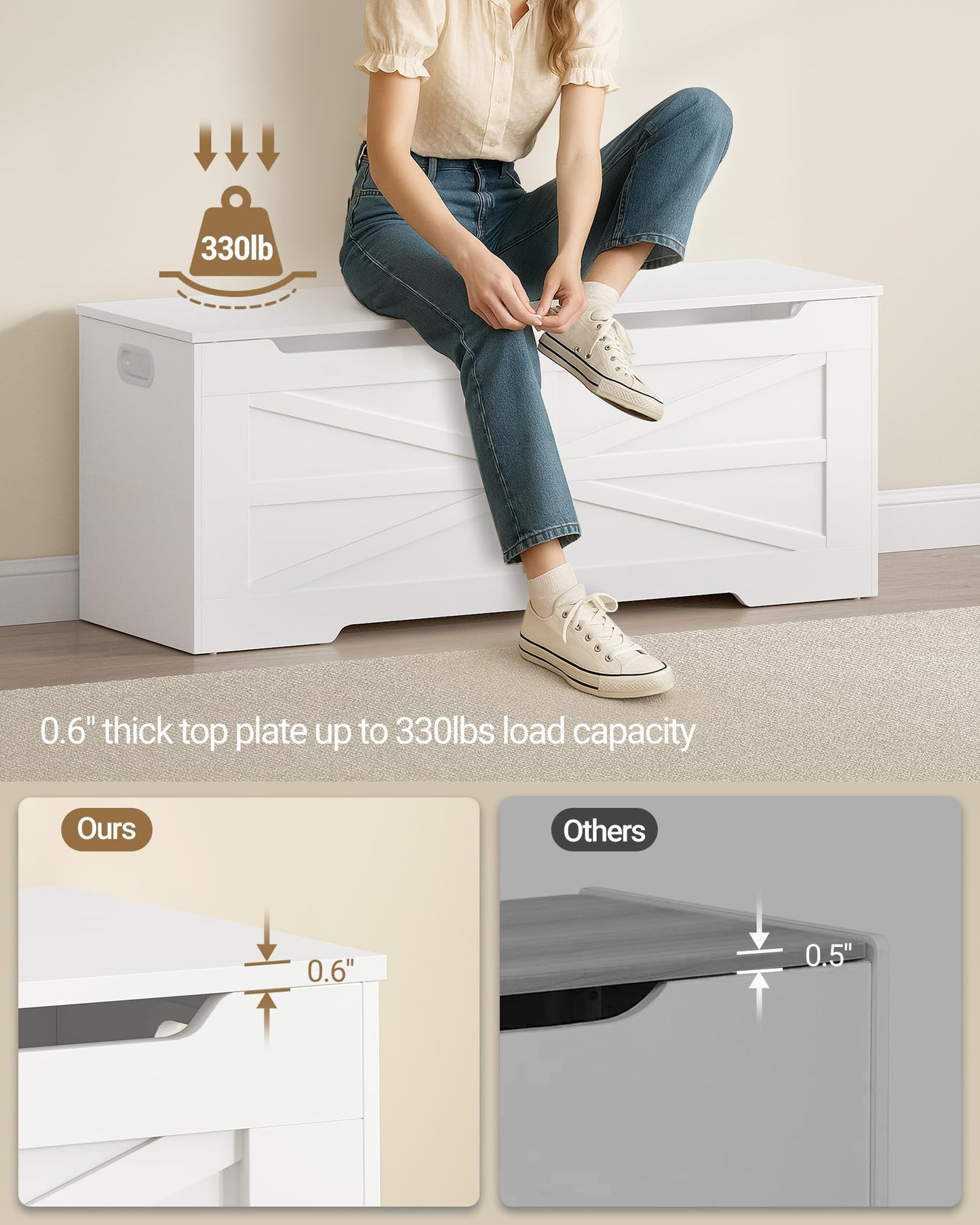 Hzuaneri 47.2" Storage Chest, Extra Large Storage Trunk with 2 Hinges, Wooden Box Bench, Lift-Top Organizer Chest, Shoe Bench for Entryway, Bedroom, Living Room, White SB13403X