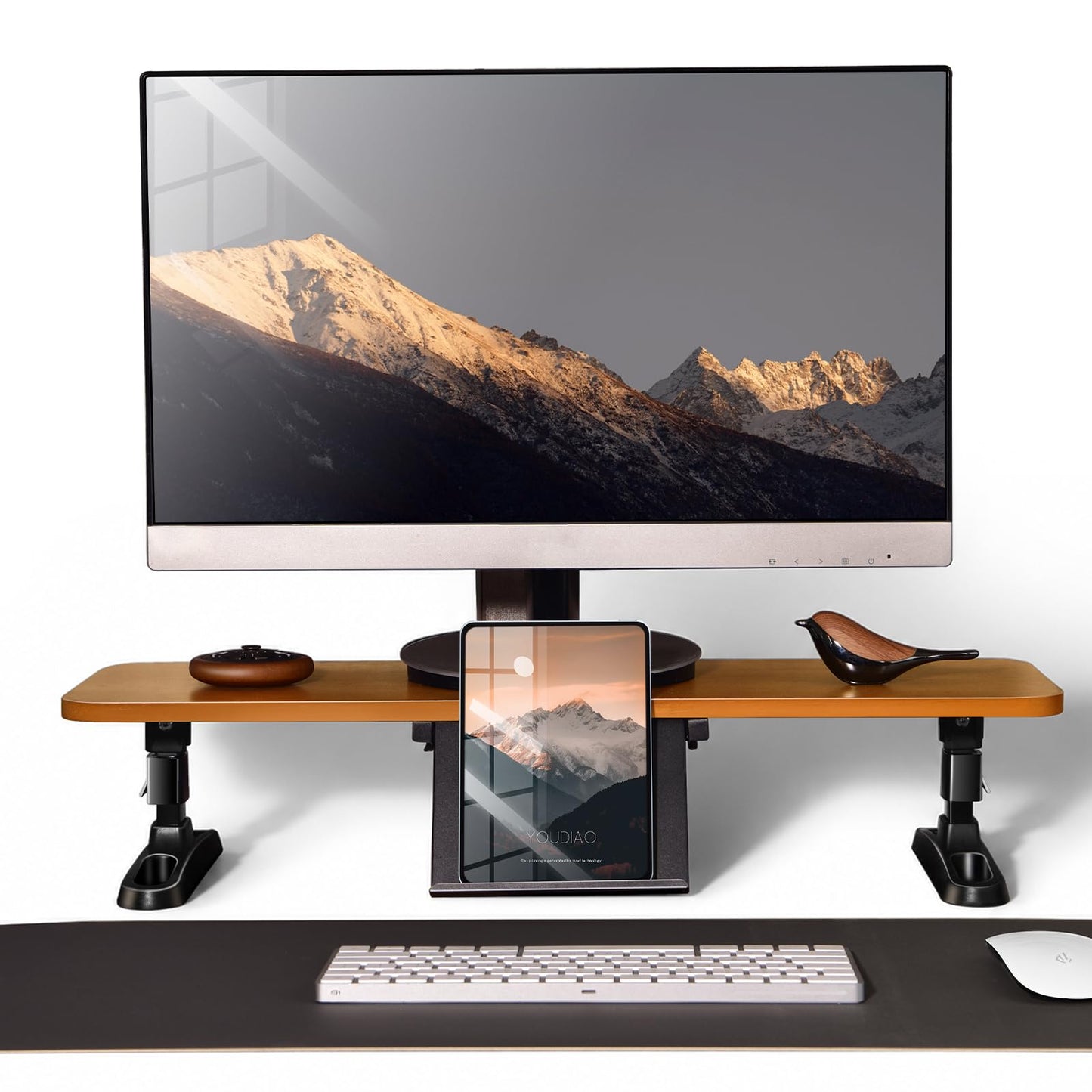 nediea Wooden Monitor Stand Riser with Height Adjustable Button, Ergonomic Computer & Laptop Stand with Hidden Tablet Holder, Keyboard Storage & Desktop Organizer for Home Office Kitchen