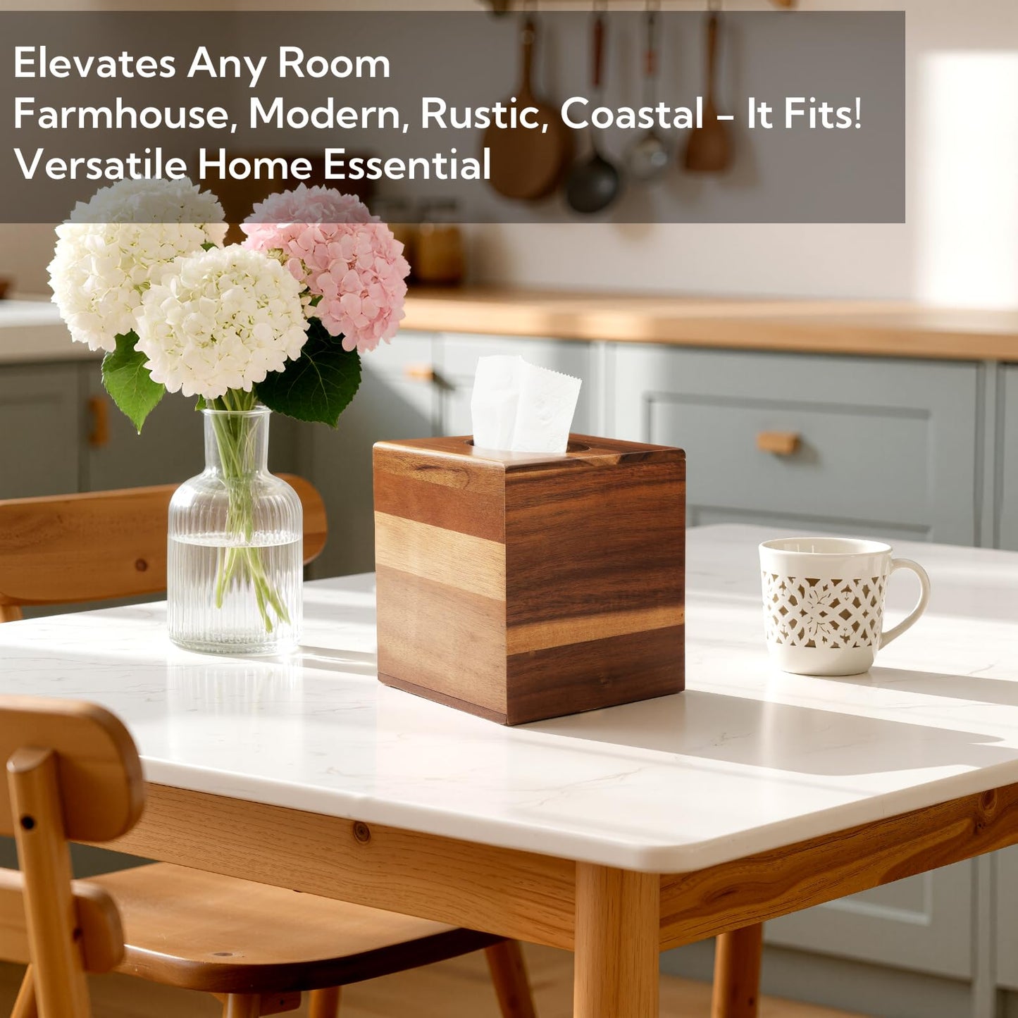 2 Pack Wooden Tissue Box Cover Bulk Square - Acacia Wood Tissue Box Holder for Tabletop Stands Bathroom Office- Decorative Facial Wood Tissue Box Cover for Modern Farmhouse Decor