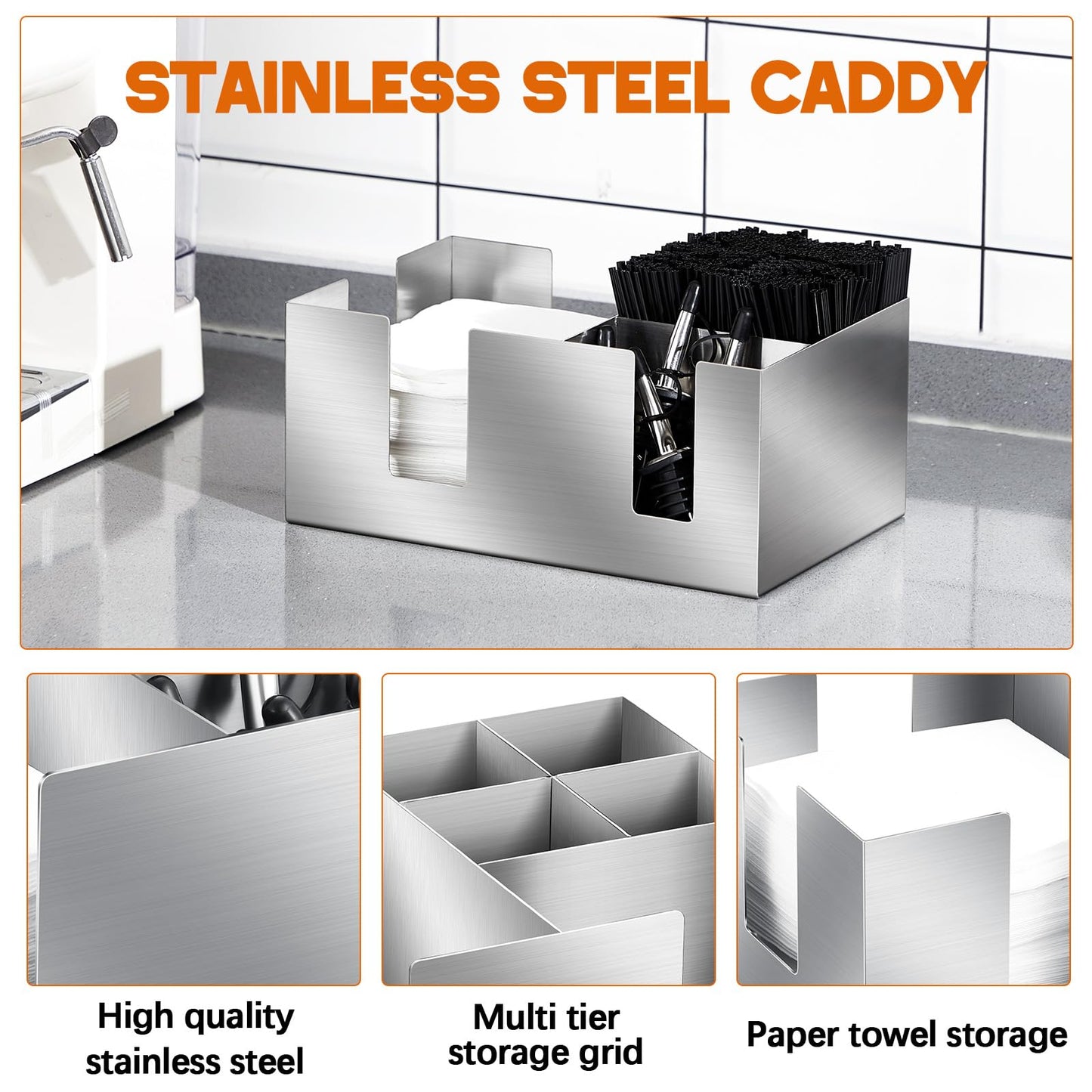 Mifoci 2 Pcs 304 Stainless Steel Bar Caddy with 6 Compartments, Silver Metal Bar Napkin Holder Organizer Cocktail Straws and Toothpicks Condiments for Home Office Kitchen Countertop, 9.5 L x 5.9 W