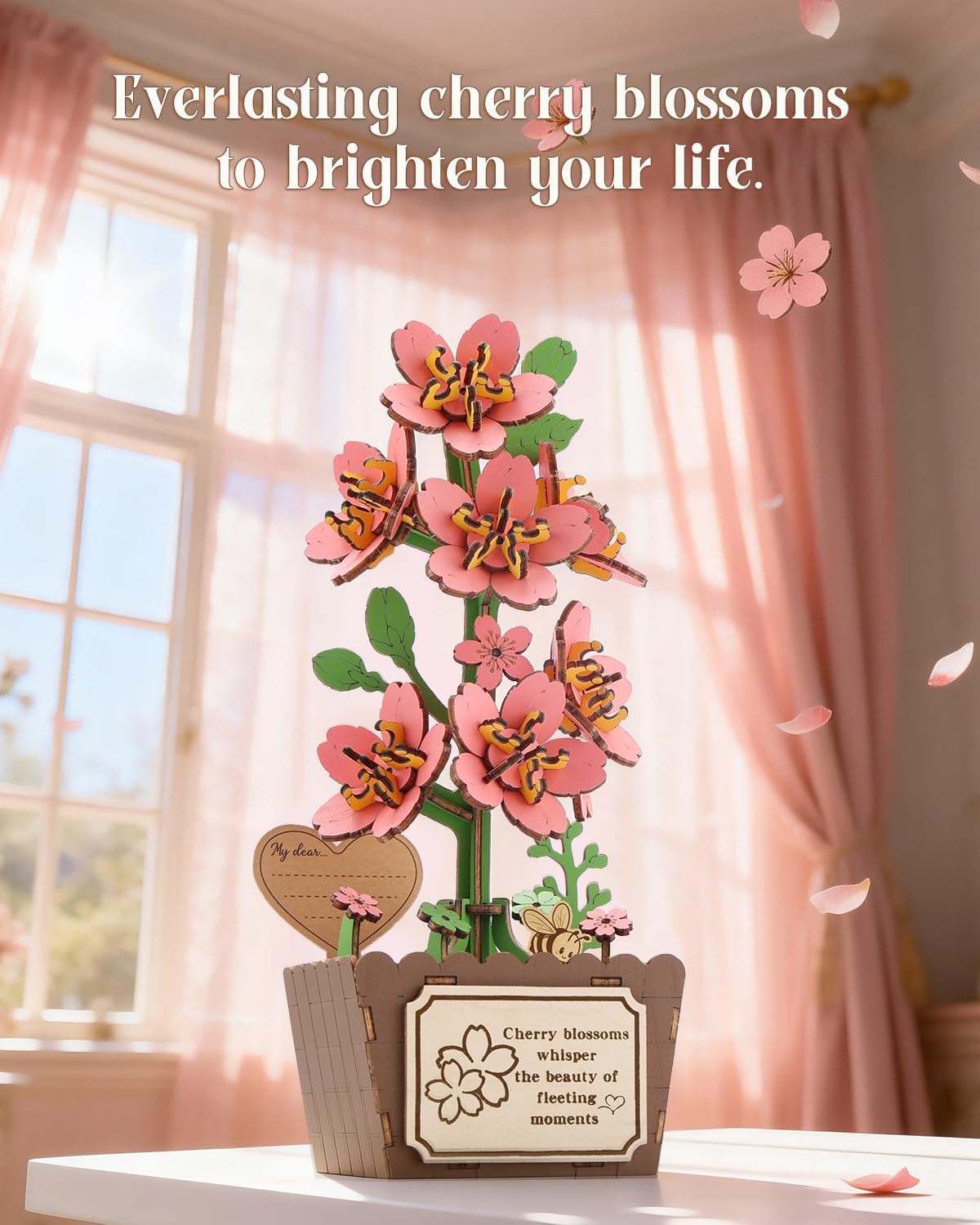 KAAYEE 3D Puzzles for Adults Cherry Blossom Potted, 119 Pcs Wooden Puzzle DIY Handcraft Kit, Romantic Pink Flower Home Office Decor, Gift for Lovers Couples on Anniversary Birthday Valentine's Day