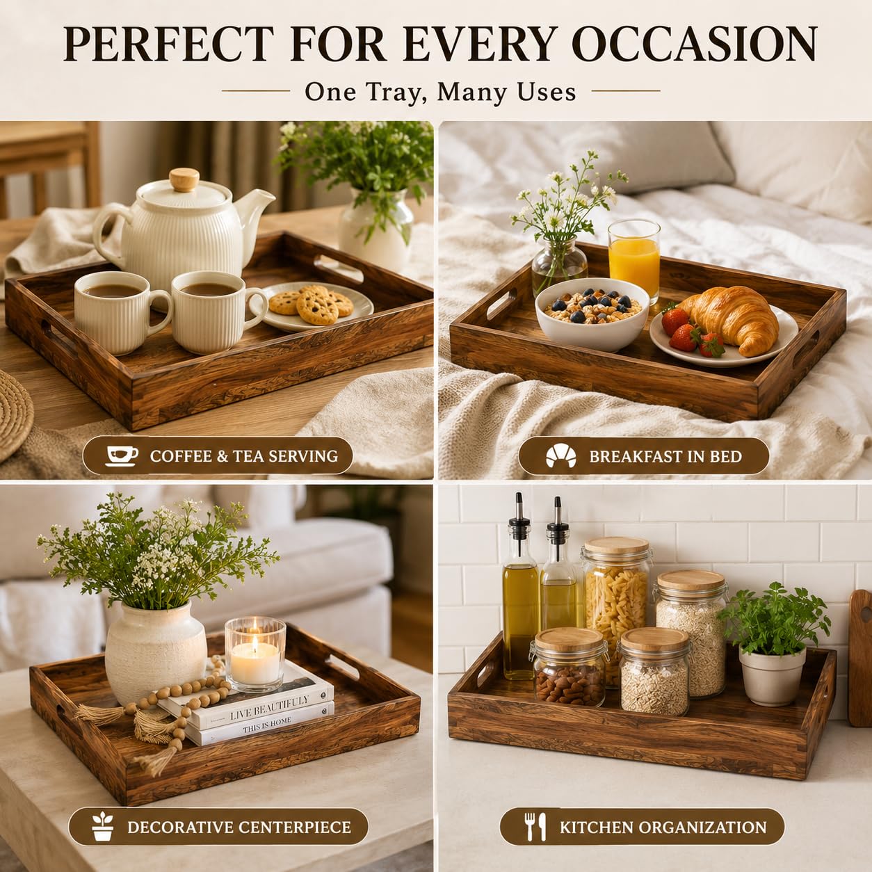 WEBHUSHI Acacia and Mango Wood Serving Tray, 14 x 10 Inches, Brown, 1.5