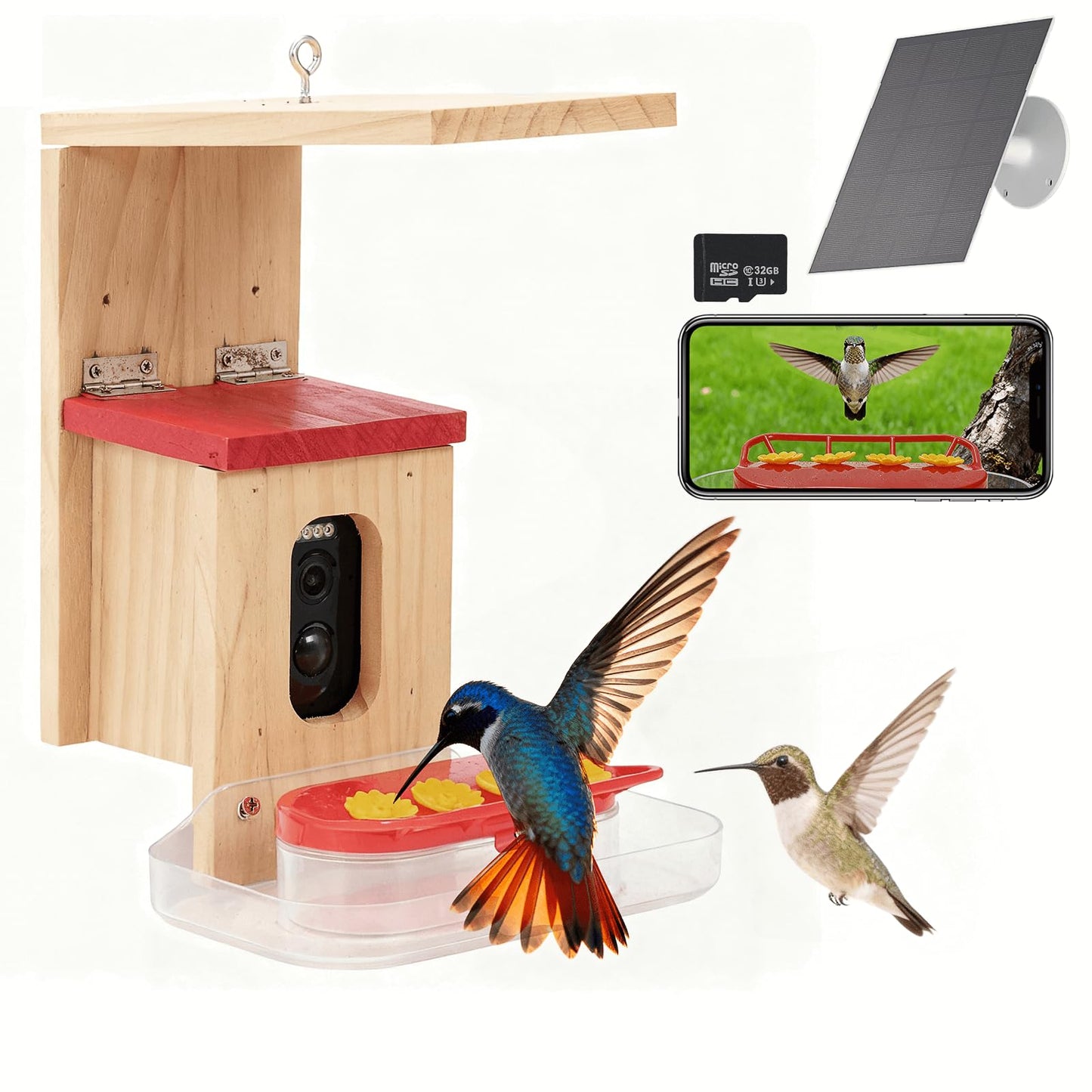 Hummingbird Feeder with Camera Solar Powered, Outdoor Hanging Wooden Smart Hummingbird Feeder, Real-Time View & Motion Detection, for Garden for 2.4g WiFi Coverage Area, for Bird Lovers