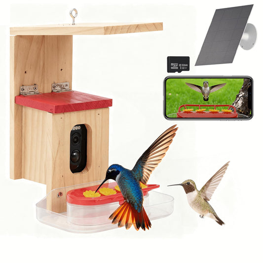 Hummingbird Feeder with Camera Solar Powered, Outdoor Hanging Wooden Smart Hummingbird Feeder, Real-Time View & Motion Detection, for Garden for 2.4g WiFi Coverage Area, for Bird Lovers