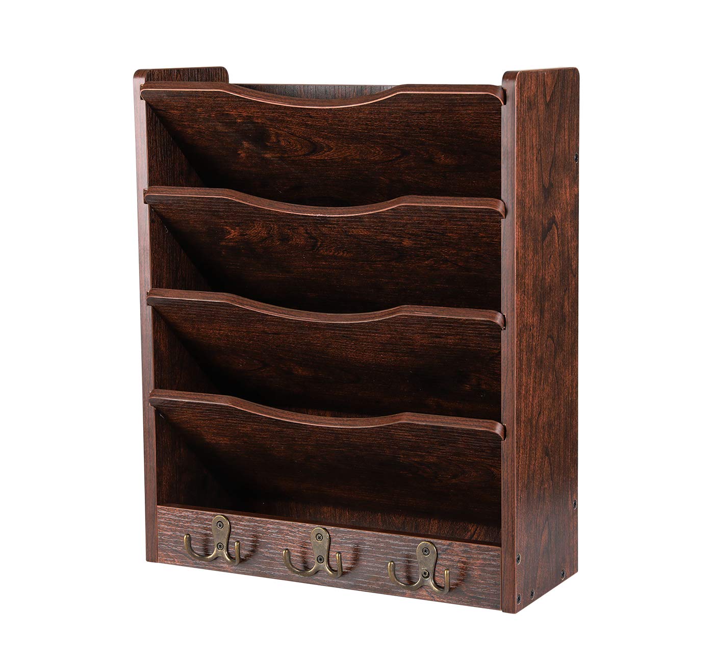 PAG 5-Tier Wall File Holder Hanging Mail Organizer Wood Magazine Literature Rack with 6 Hooks, Brown