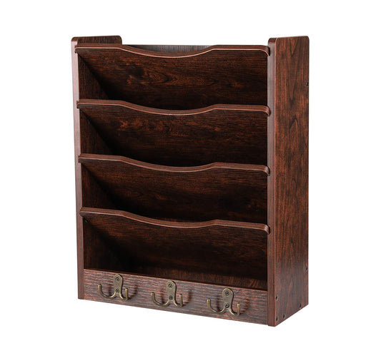 PAG 5-Tier Wall File Holder Hanging Mail Organizer Wood Magazine Literature Rack with 6 Hooks, Brown