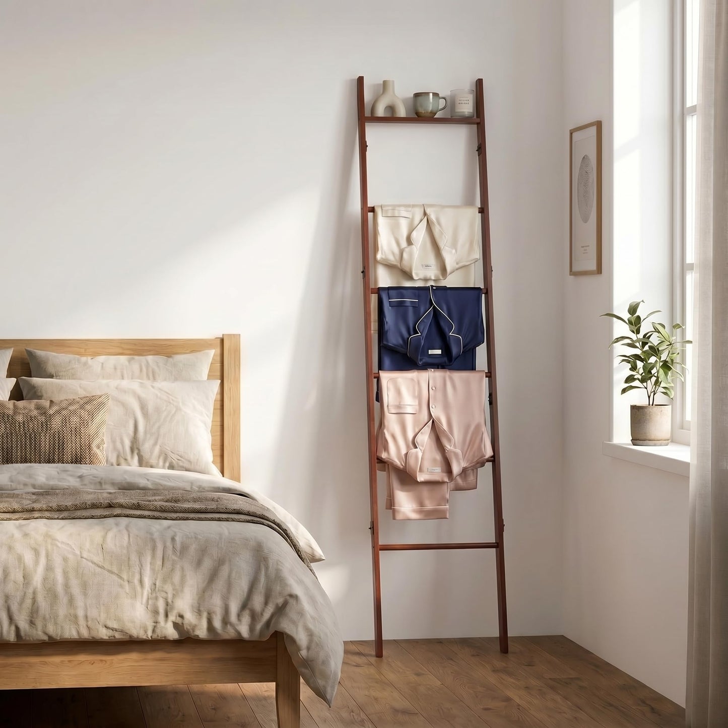 Plusinthebox 6 Tier Blanket Ladder with Shelf, Wooden Blanket Rack for Living Room, Leaning Towel Ladder Rack for Bedroom, Bathroom, Quilts, Throws, Towels and Farmhouse Décor Black