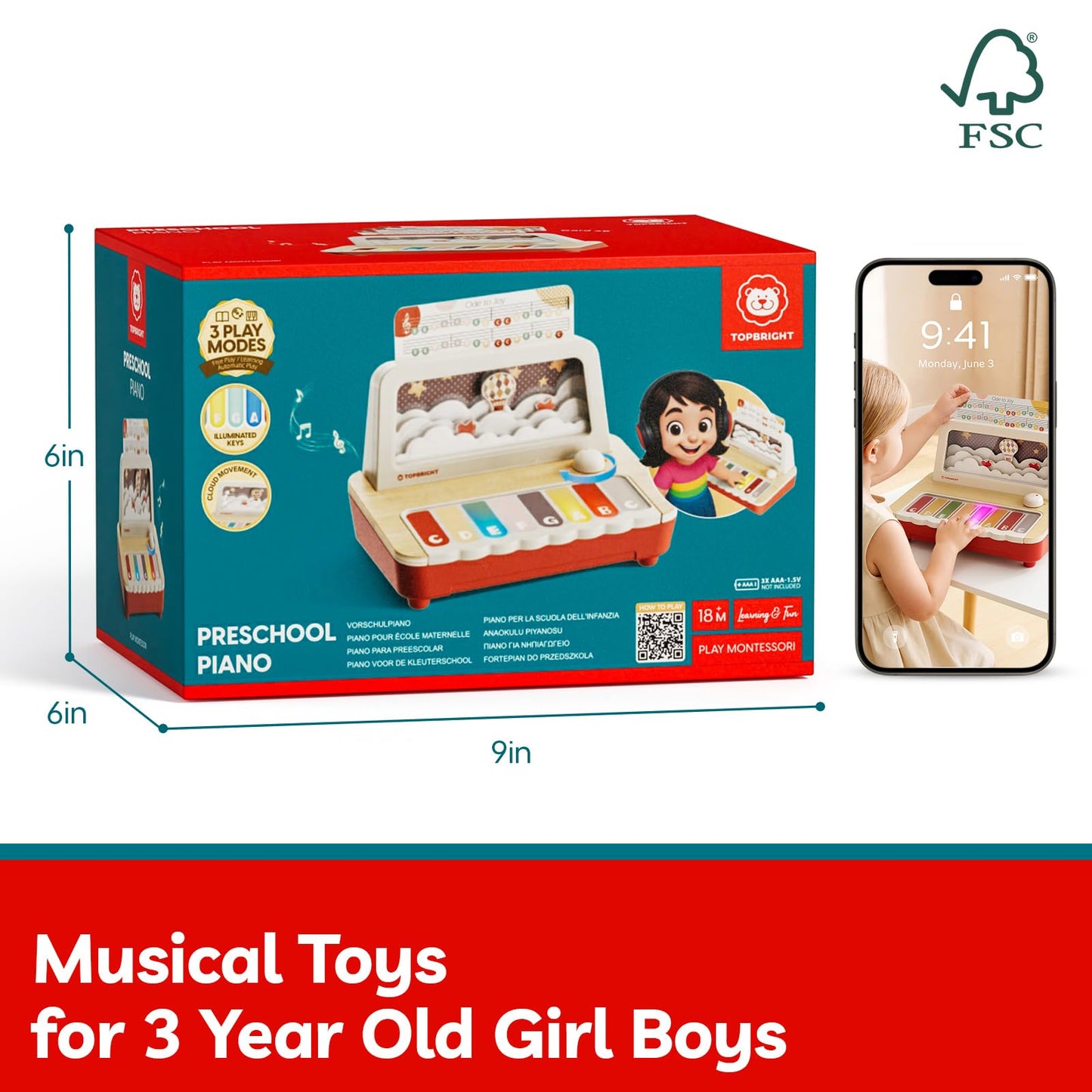 TOPBRIGHT Wooden Toy Piano for Kids, Keyboard Piano with 12 Songs, 3 Modes & Recording, Musical Instrument Learning Toys for Toddlers 1-3, Birthday Gifts for 1+ Year Old Baby Boys Girls -FSC Certified