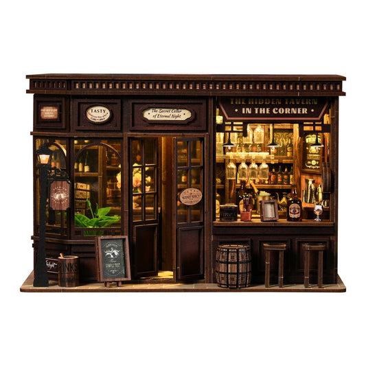 DIY Miniature House Kit, 3D Wooden Puzzle for Adults, Retro Corner Tavern Bar Model with LED Light & Furniture, Creative Roombox Building Set for Home Decor & Hobby Gift (Corner Tavern)