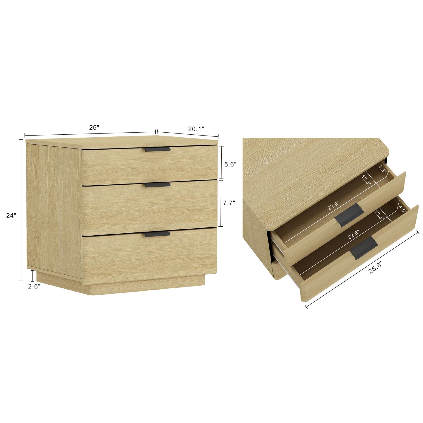 Manhattan Comfort Payton Modern 3-Drawer Nightstand with Raised Base and Rounded Corners, Boho End Table, Scandinavian Nightstand for Bedroom, or Living Room in Natural Oak Finish with Black Handles