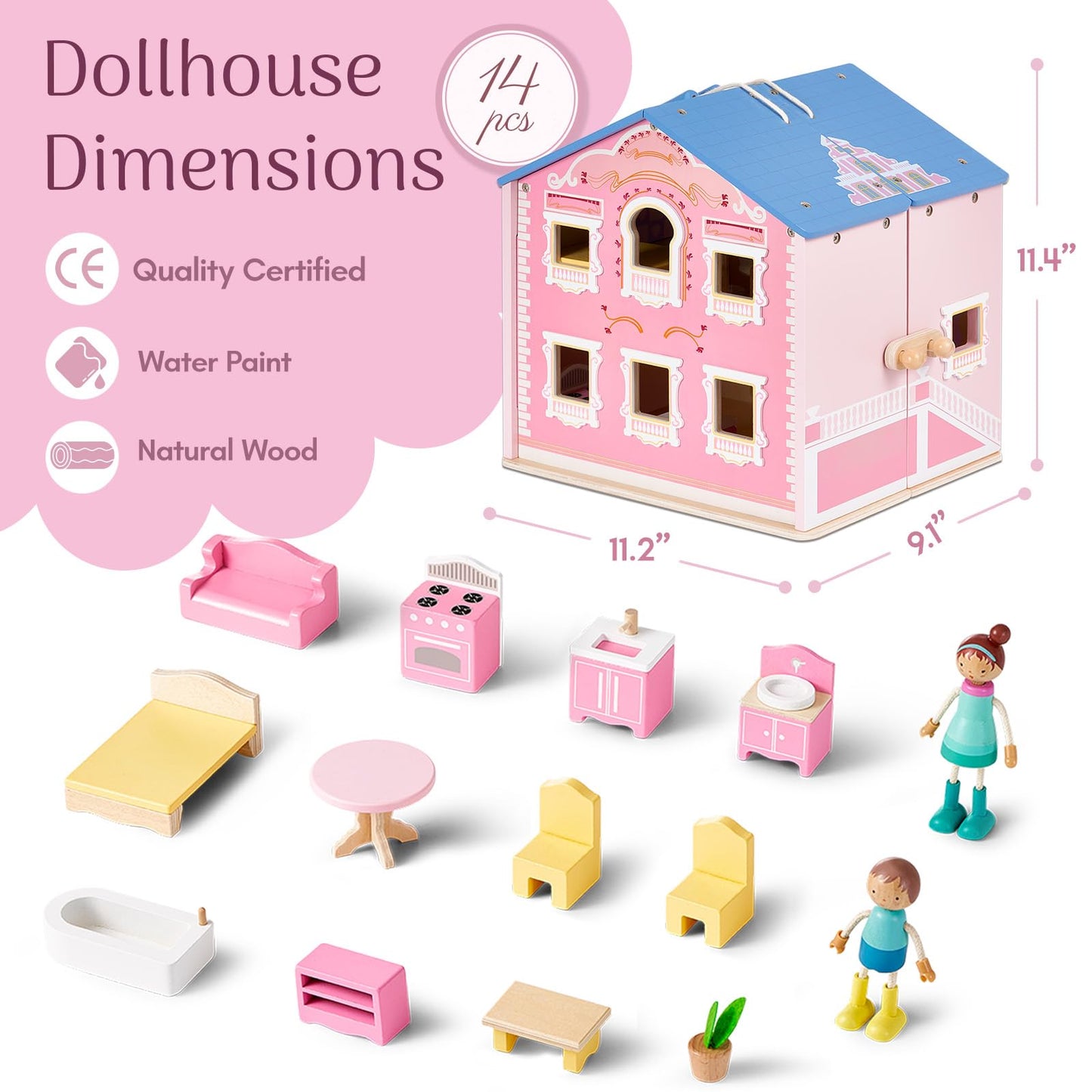 Giant bean Exquisite Pink Wooden Dollhouse for Girls with 2 Dolls and 12pcs Wooden Furniture,Foldable and Portable Pretend Play House Set with Handle, Christmas Birthday Gift for Girls Kids Age 3+