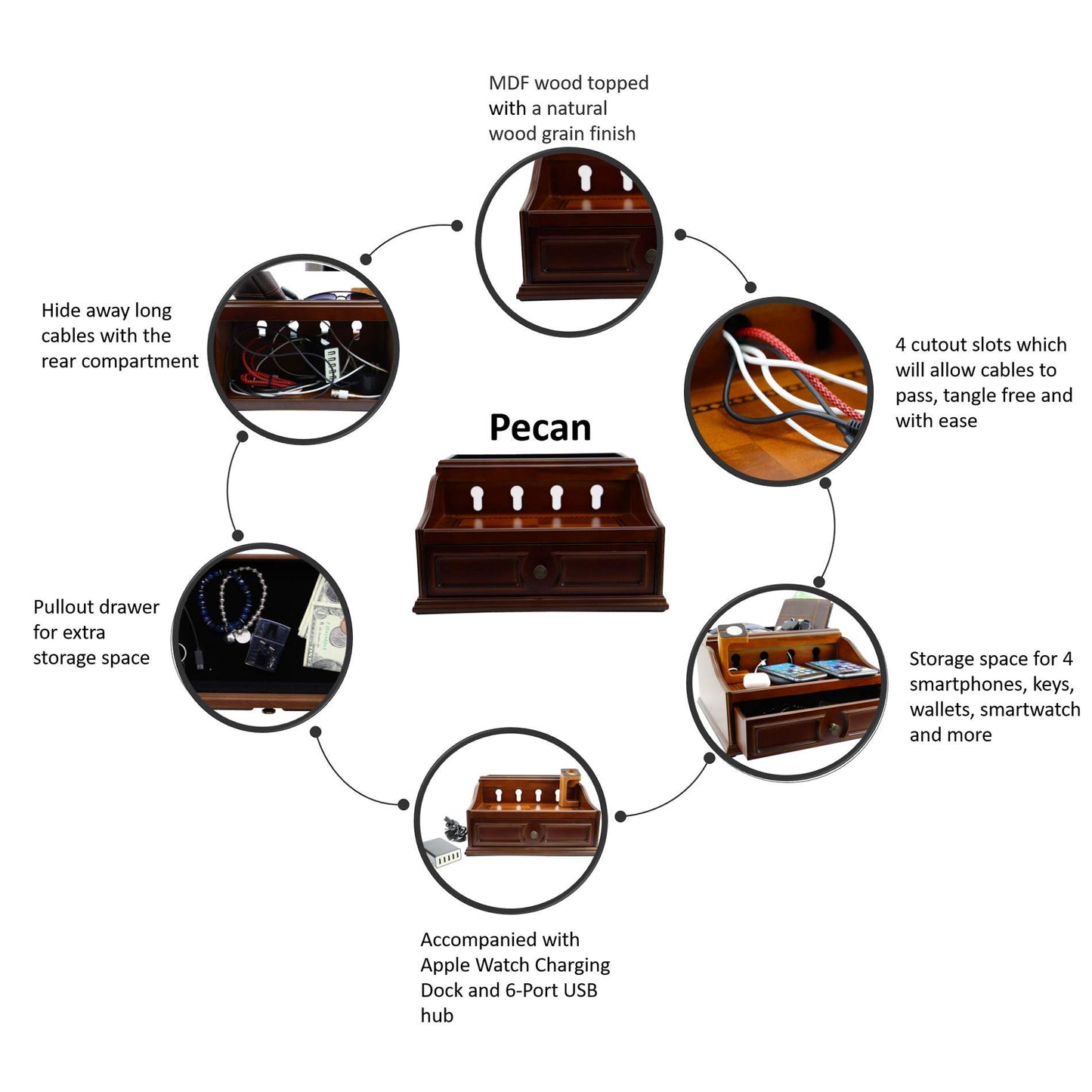 Decorebay Pecan Brown Wooden Multi-Device Charging Station and Valet