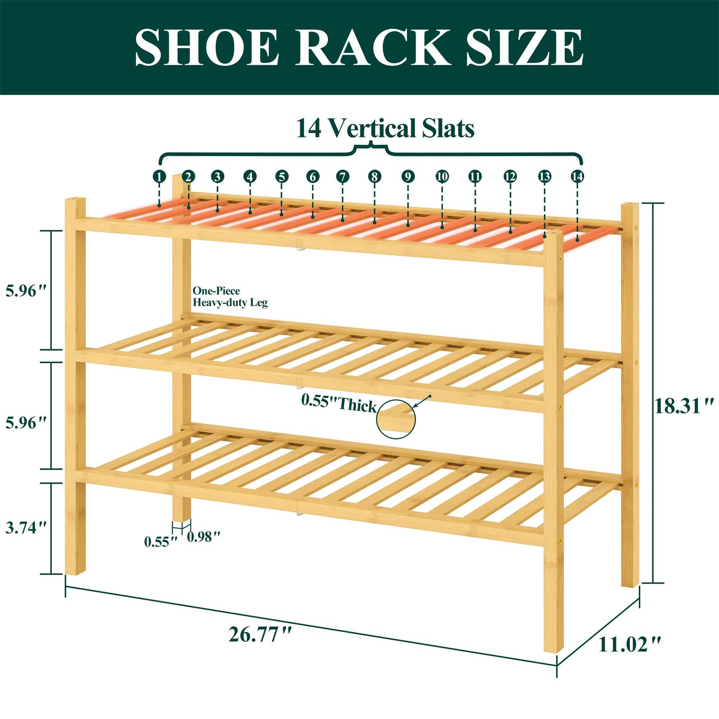 Smiry Bamboo Shoe Rack for Closet, 3 Tier Wooden Shoe Organizer, Stackable Wood Shoe Storage Shelf for Entryway, 14 Vertical Slats, One-piece Heavy-Duty Legs, 26.77"x11.02"x18.31", Natural