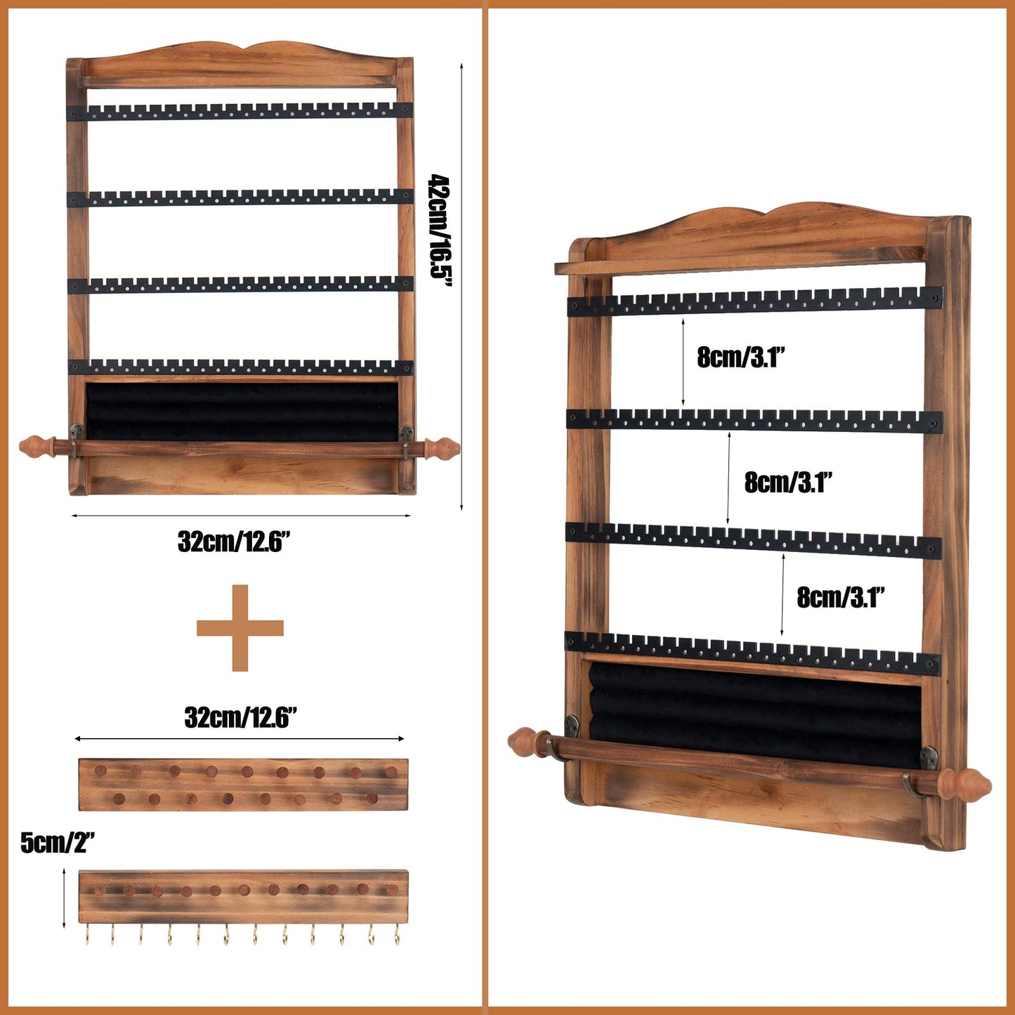 QILICHZ 3Pcs Jewelry Organizers and Storage,Wood Earring Organizer,Hanging Jewelry Organizer,Rustic Wall Jewellery Organizer,Wall Mounted Earring Holder for Storage Display Gift (Brown+Black)