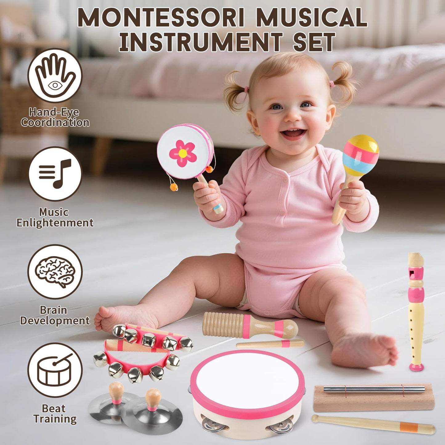 Toddlers Musical Instruments for 18 Month+ Girl,Baby Montessori Wooden Musical Toys for Toddlers,Kids Musical Toy for Preschool,Christmas Birthday Gift for Baby Girls Pink 8 in 1
