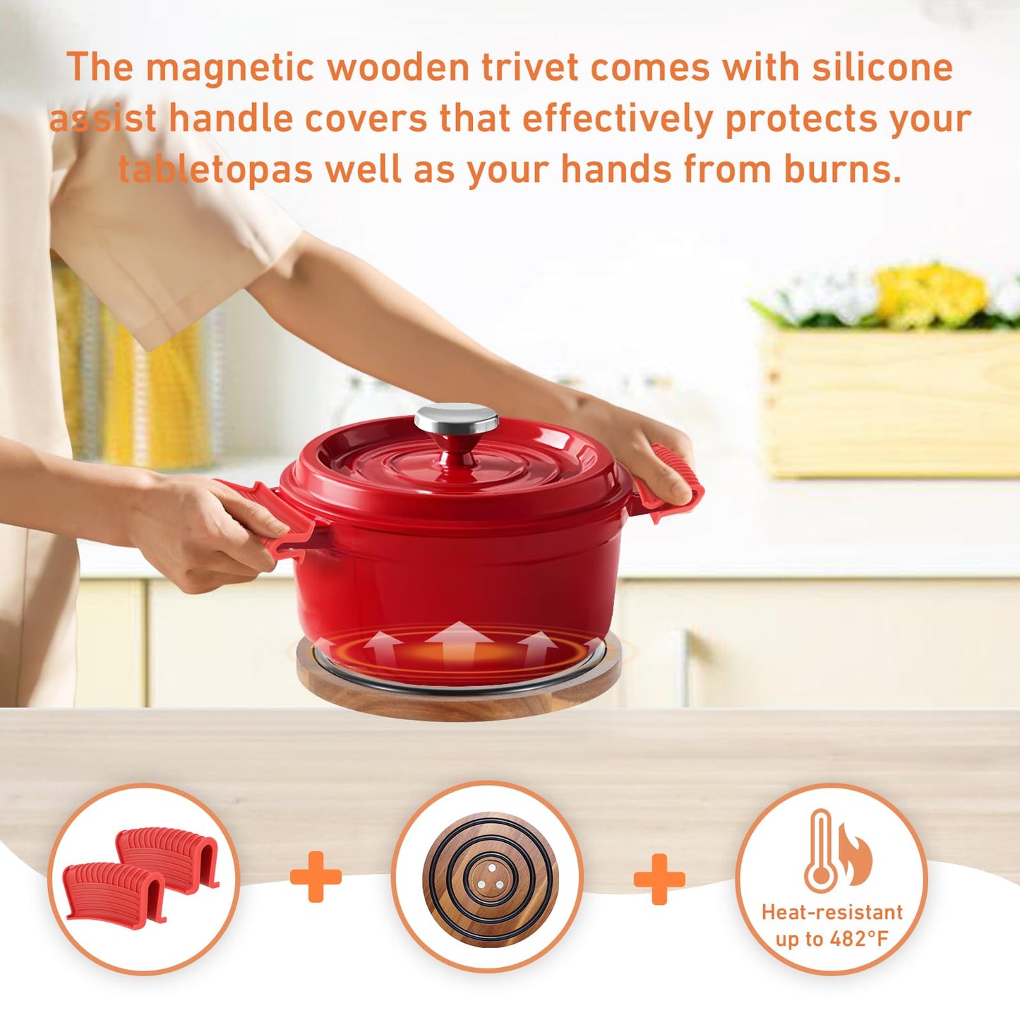 2 Pcs Magnetic Wooden Trivets, Acacia Wood with Black Silicone Rings, Magnetic Pot Holder for Le Creuset Enameled Cast Iron Dutch Oven & Cast Iron Skillets, Wood Trivet