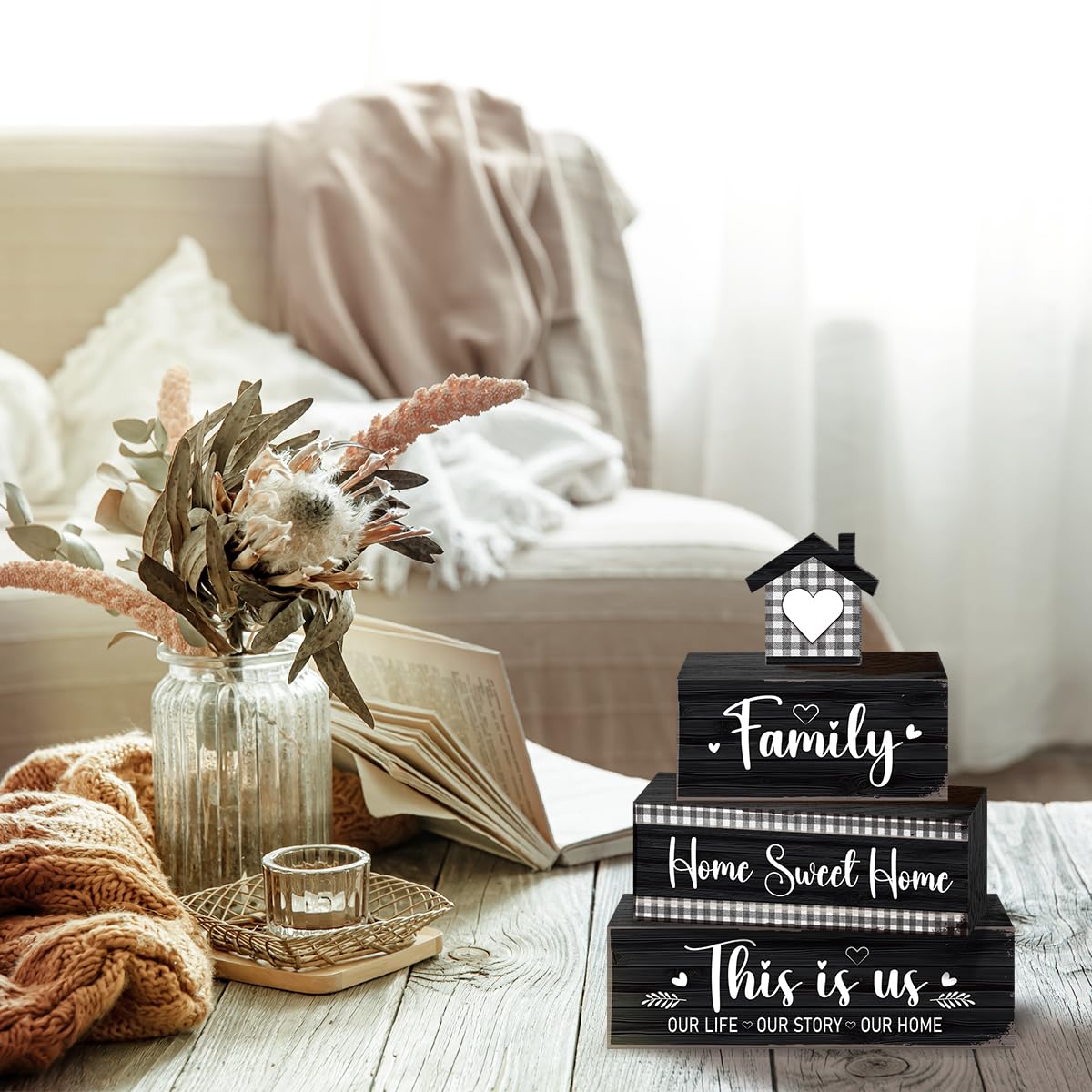 4 Pcs Sweet Home Table Decoration,Our Life Story Home Wooden Block Signs,Farmhouse Table Centerpiece for Living Room Entryway Table Mantel Kitchen Counter Decor