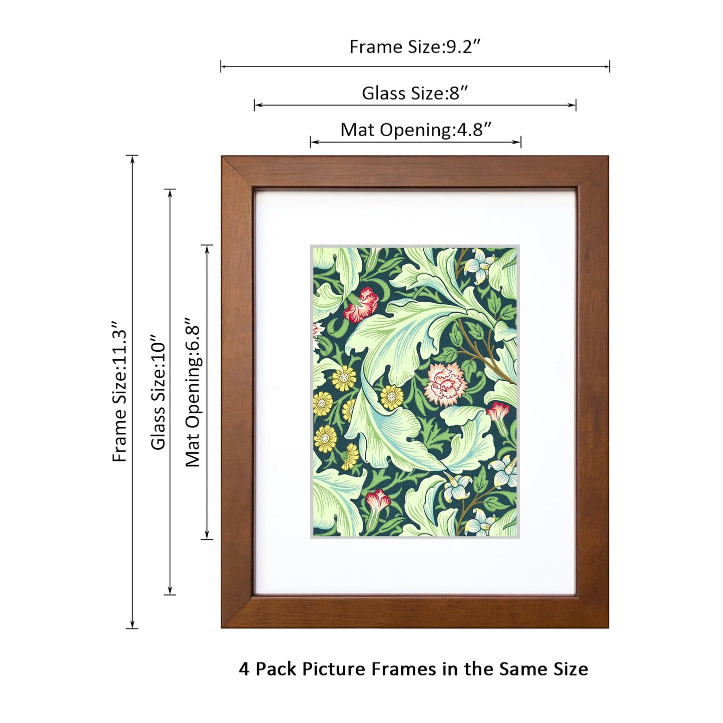 DEKWINN 8x10 Picture Frame Set of 4 Made of Solid Wood Photo Frame with Real Glass for Pictures 5x7 with Mat or 8x10 Without Mat, Wall Gallery or Tabletop display Picture Frames, Brown
