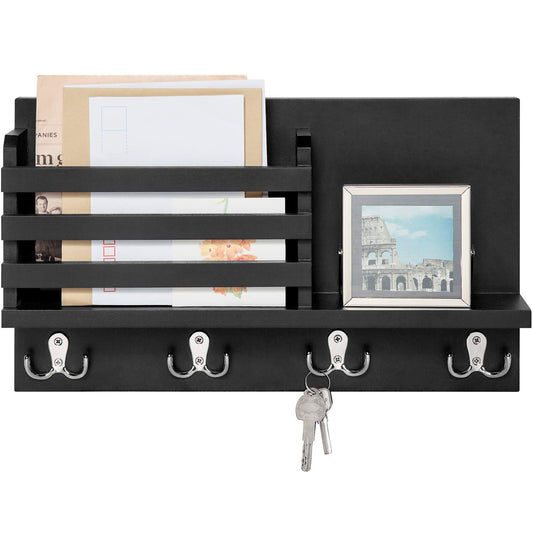 Dahey Wall Mounted Mail Holder Wooden Key Holder Rack Mail Sorter Organizer with 4 Double Key Hooks and A Floating Shelf Rustic Home Decor for Entryway or Mudroom,15.7" W x9.3 Hx3.2 D, Black