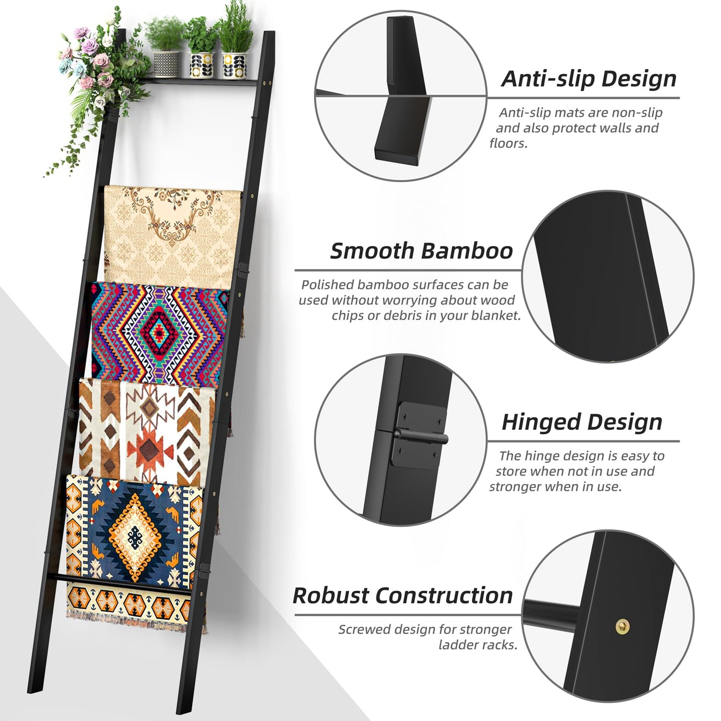 BAMBANG 6-Tier Blanket Ladder for Living Room, Blanket Quilt Ladder Rack Rustic Decorative Towel Holder, Wall Leaning Blanket Ladder Shelf Storage Farmhouse Decor for Bedroom Bathroom, Black