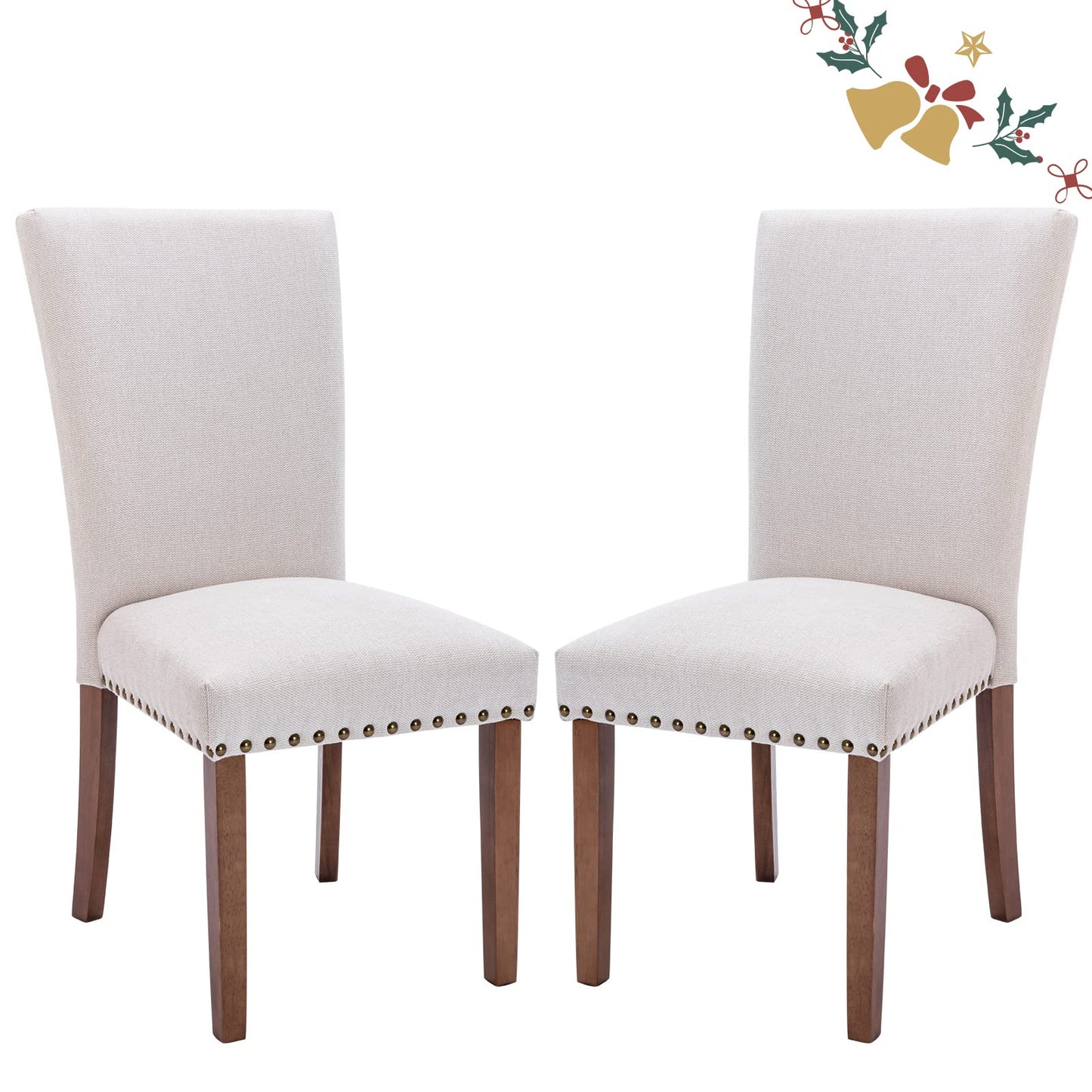 Upholstered Fabric Dining Chairs Set of 2, Parsons Dining Room Kitchen Side Chair with Nailhead Trim and Wood Legs - Beige