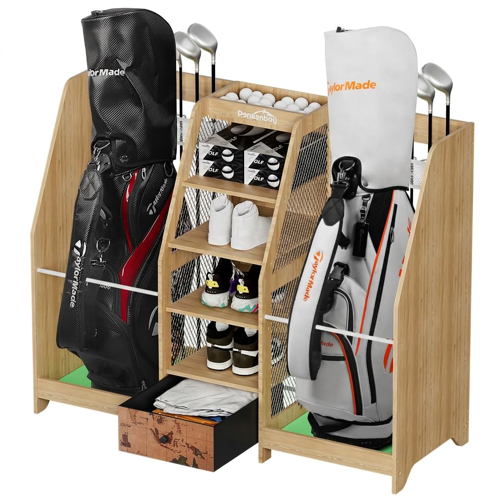 Ponsonbay Golf Bag Storage Organizer for Garage, Premium Wooden 2 Golf Bags Rack with Drawer, Easy Assemble Golf Club Stand/Holder Suitable for Garage Home Simulator and Office