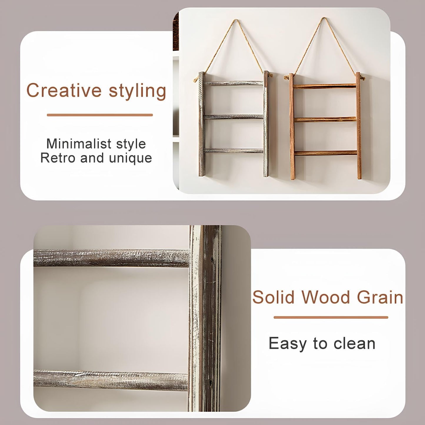 Wooden Old Three-Layer Shelf Bathroom Bathroom Towel Scarf Storage Rack Wall-Mounted Hemp Rope Trapezoidal Hanger Decorative Rack, for Rustic Bathrooms(C)