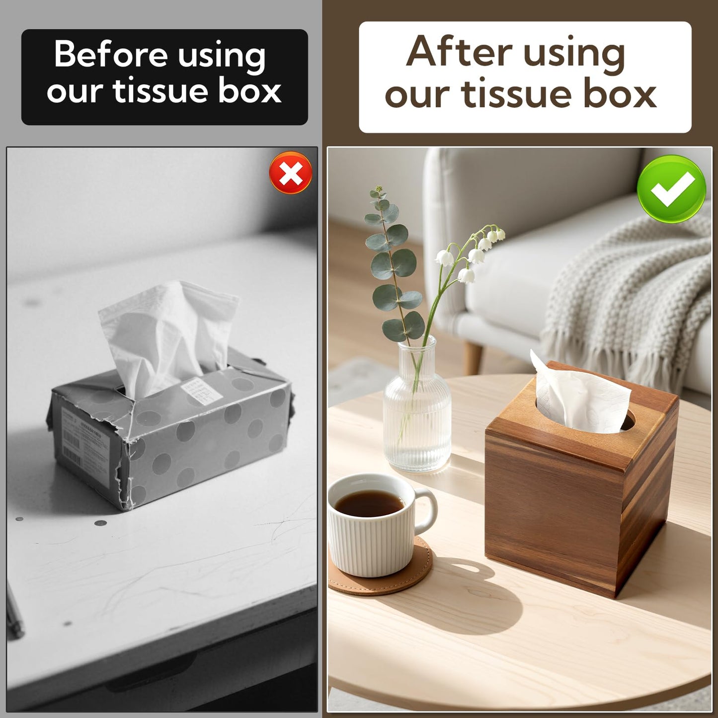 2 Pack Wooden Tissue Box Cover Bulk Square - Acacia Wood Tissue Box Holder for Tabletop Stands Bathroom Office- Decorative Facial Wood Tissue Box Cover for Modern Farmhouse Decor