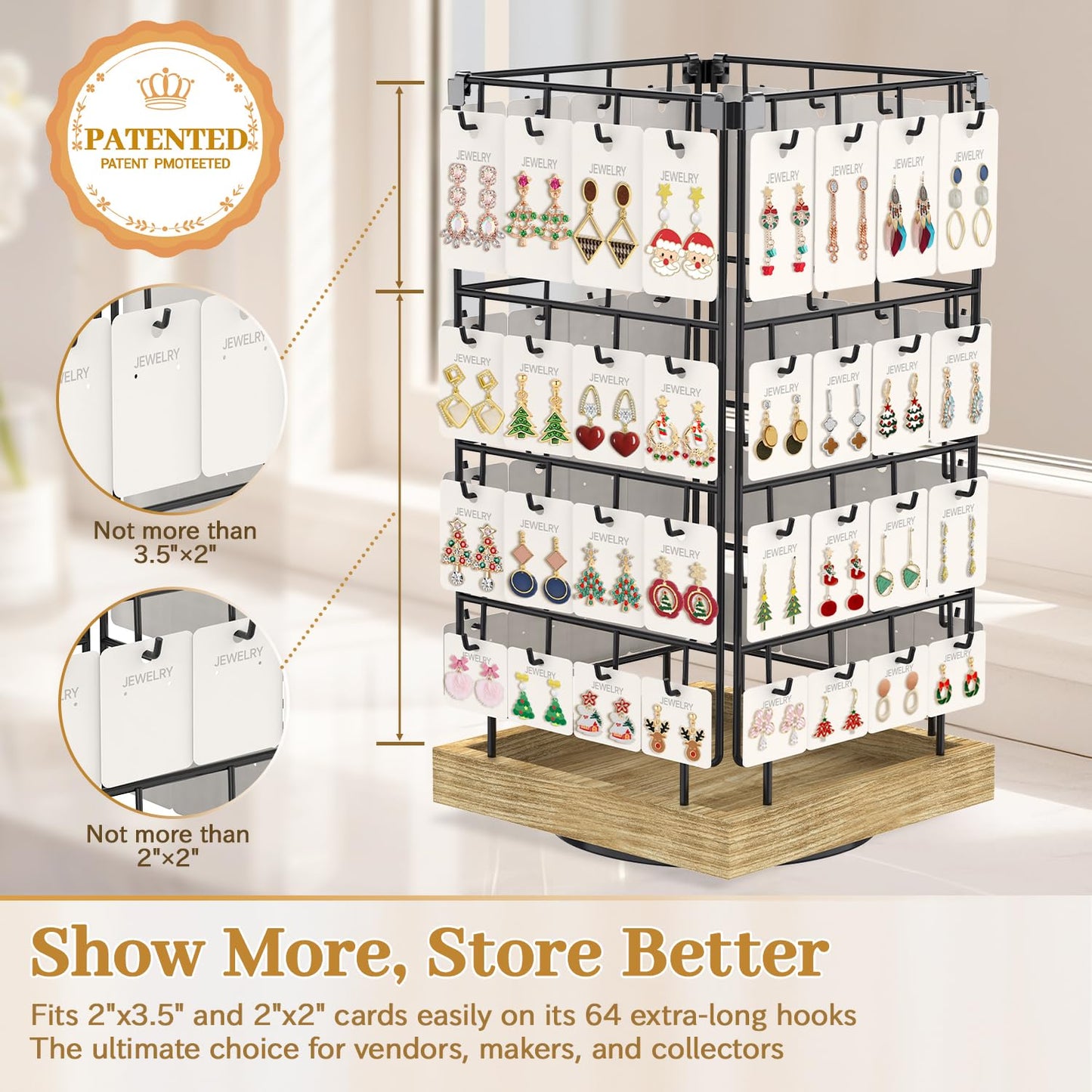 MODOWEY Earring Card Display Stand for Vendors, 64 Hooks Rotating Organizer Tree Holder, 4 Tier Jewelry Rack with Wooden Base for Stud Pierced Earring Selling, Grab Attention to Boost Sales, Oak