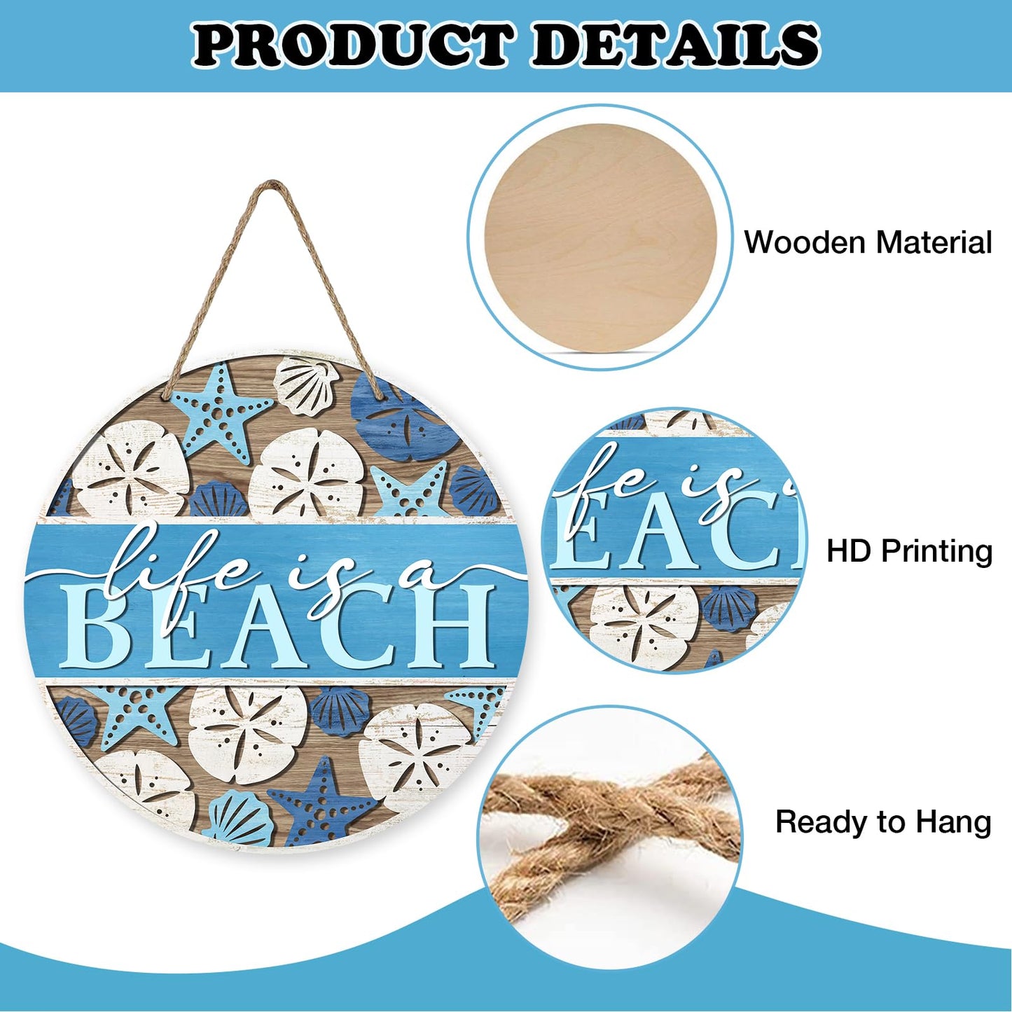 Bolisom Summer Life is a Beach Blue Front Door Sign, Coastal Starfish Shell Wood Hanger Outdoor Outside Beach House Porch Home Decor, Farmhouse Wooden Wreath Indoor Wall Hanging Decoration