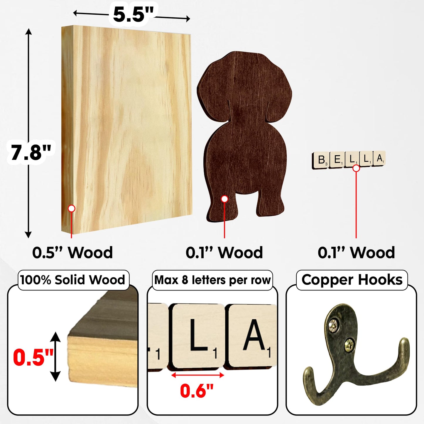 VINARTSVN Beagle Dog Leash Holder Wall Mount with Scrabble Letters, Wooden Dog Wall Hook Organizer, Pet Collar and Harness Hanger for Entryway, Key Hook Gift for Pet Lovers, Home Decoration PF297-8