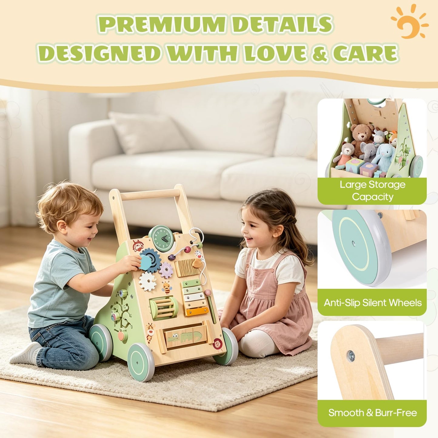 Brownroot Wooden Baby Walker with 10-in-1 Activity Center Adjustable Height Montessori Toddler Push Toy with Xylophone, Shape Sorter Gears for 1 2 3 Year Old Boys Girls