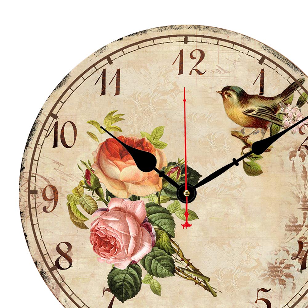 BERYART 14 Inch Silent Non-Ticking Wall Clock, Big Arabic Numerals Wall Clocks, Wooden Round Clock, Battery Operated Home Decor Hanging Clocks, Bird on Flower Pattern Clock …