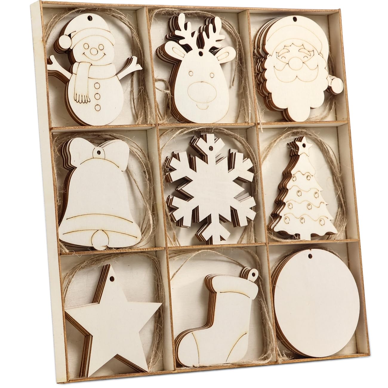Wohohoho 45Pcs Unfinished Paintable Blank Wooden Christmas Ornaments with Tray, 9 Designs DIY Predrilled Wood Ornaments for Crafts. Christmas Tree Hanging Decorations Xmas Art Birthday Gift for Kids