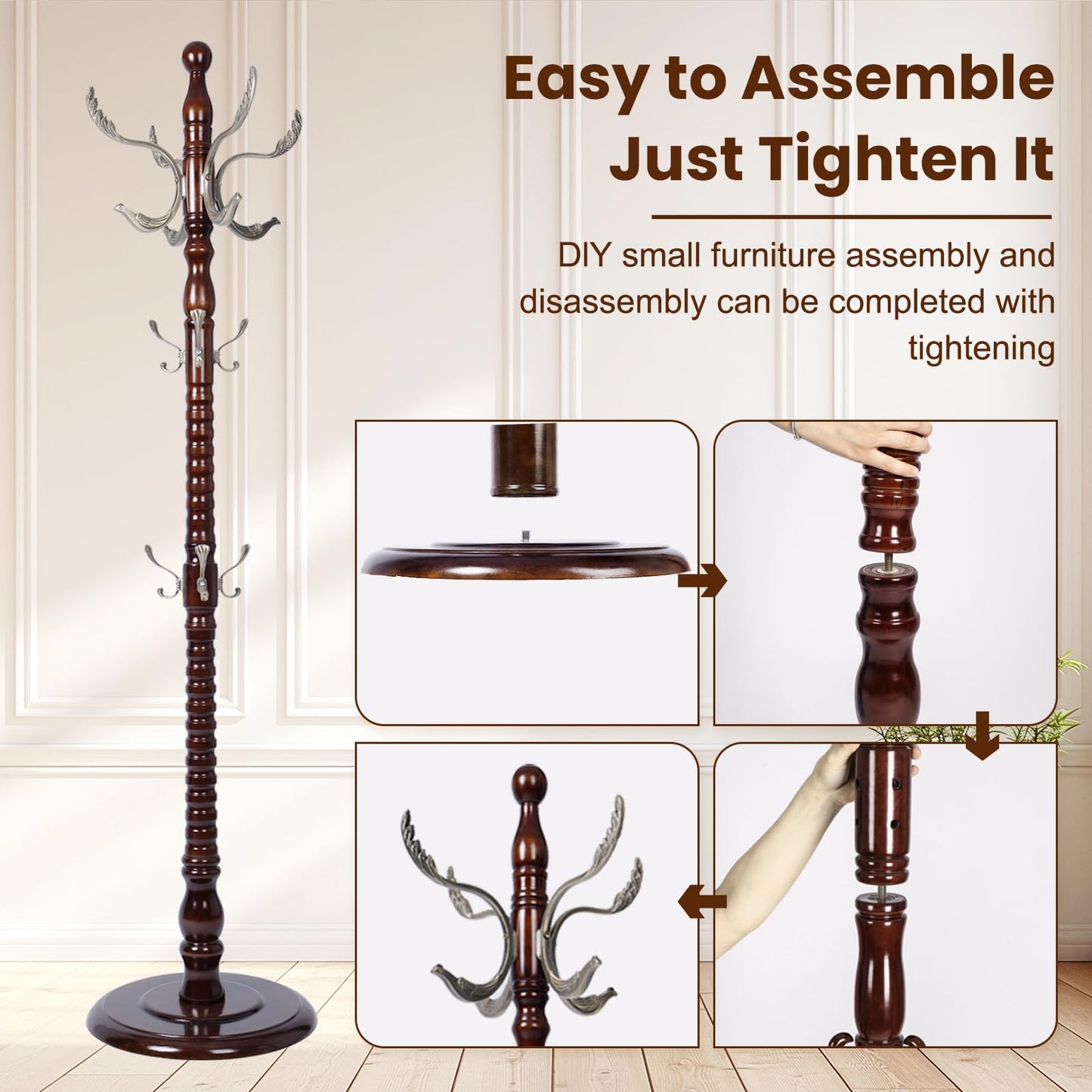 YFYUA Freestanding Coat Rack with 14 Hooks, Sturdy Wooden Hall Tree for Entryway, Heavy-Duty Disc Base,for Hanging Hats, Jackets, Bags, Easy Assembly for Bedroom, Hallway, Office