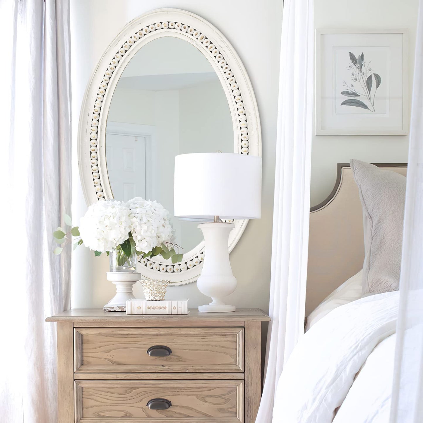H HOMEWINS Oval Mirrors for Wall,20x30 Oval Wooden Rustic Farmhouse White Beads Boho Decorative Mirror for Bedroom, Bathroom, Living Room,Vanity