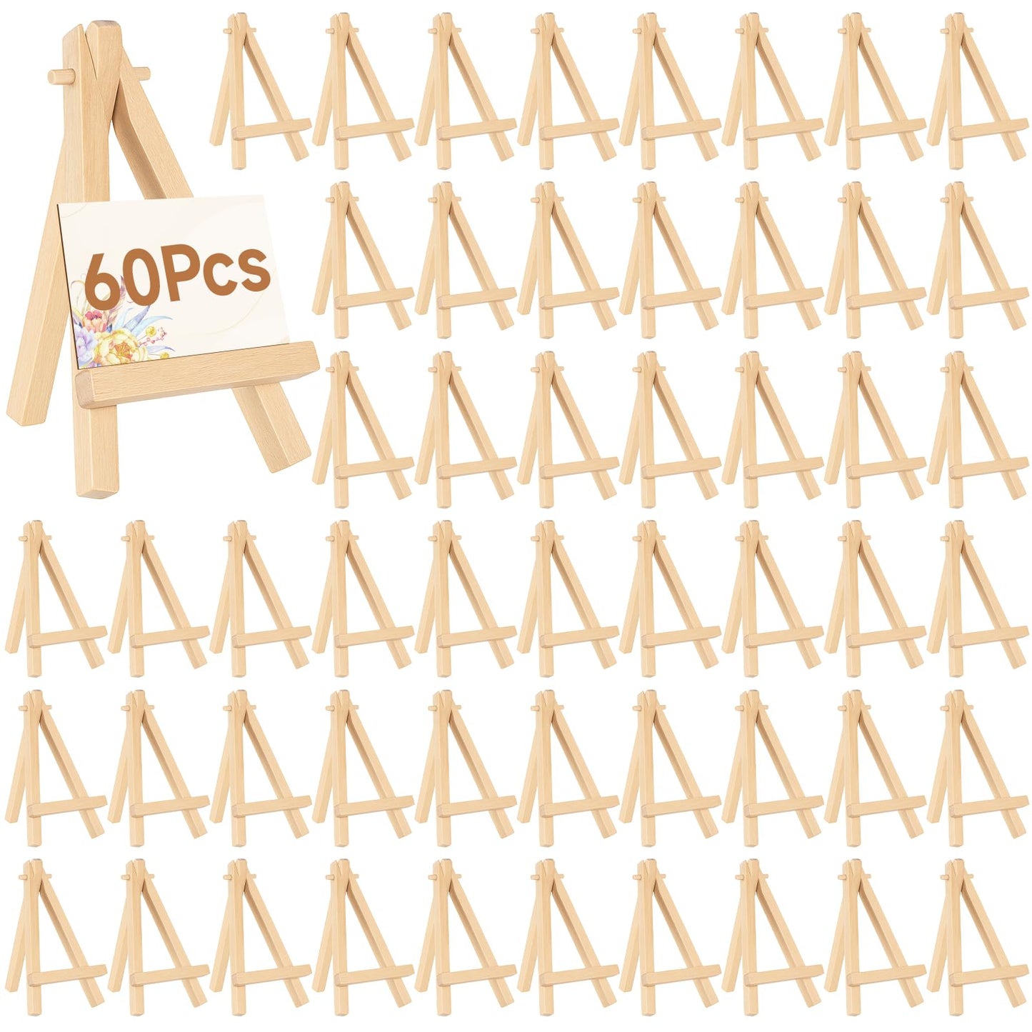 60 Pack 5 Inch Mini Wood Display Easel Artist Small Wooden Easel Stand Natural Wooden Mini Easels A-Shaped Small Wood Easels for Card Artist Photos Tabletop Phone Wedding